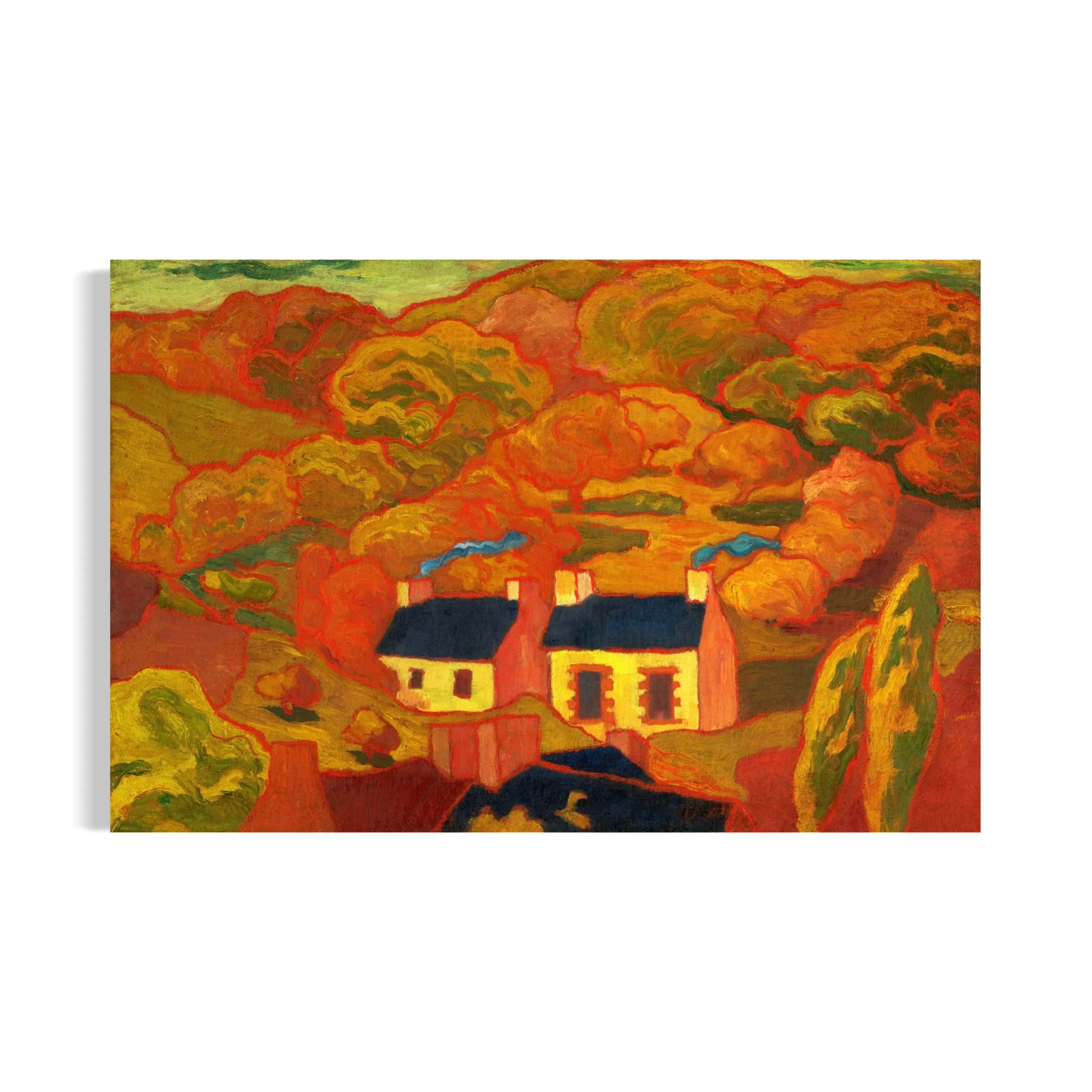 The image is an impressionist painting depicting a rural landscape with two houses nestled among the trees and hills.