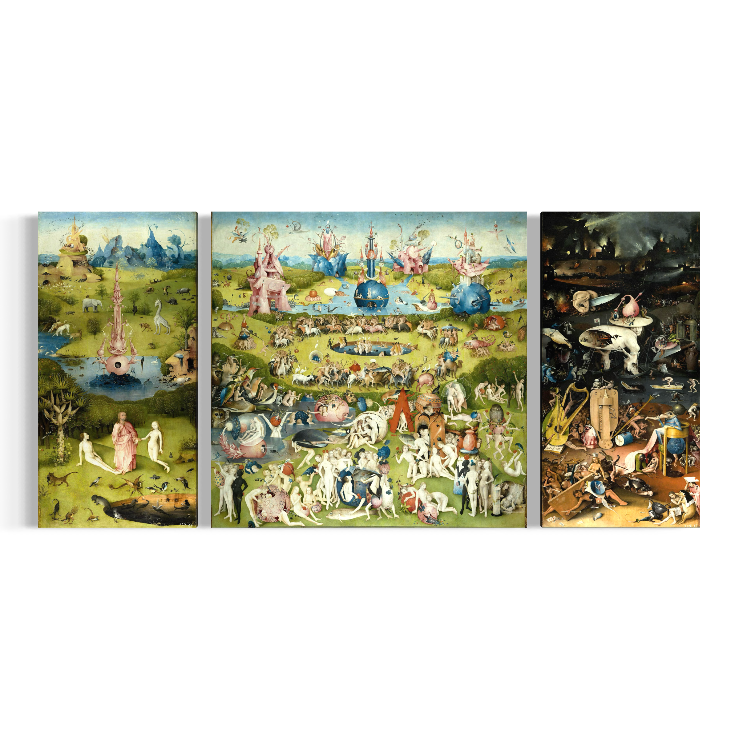 The image is a triptych of paintings depicting various fantastical scenes and figures, including landscapes, animals, and people.