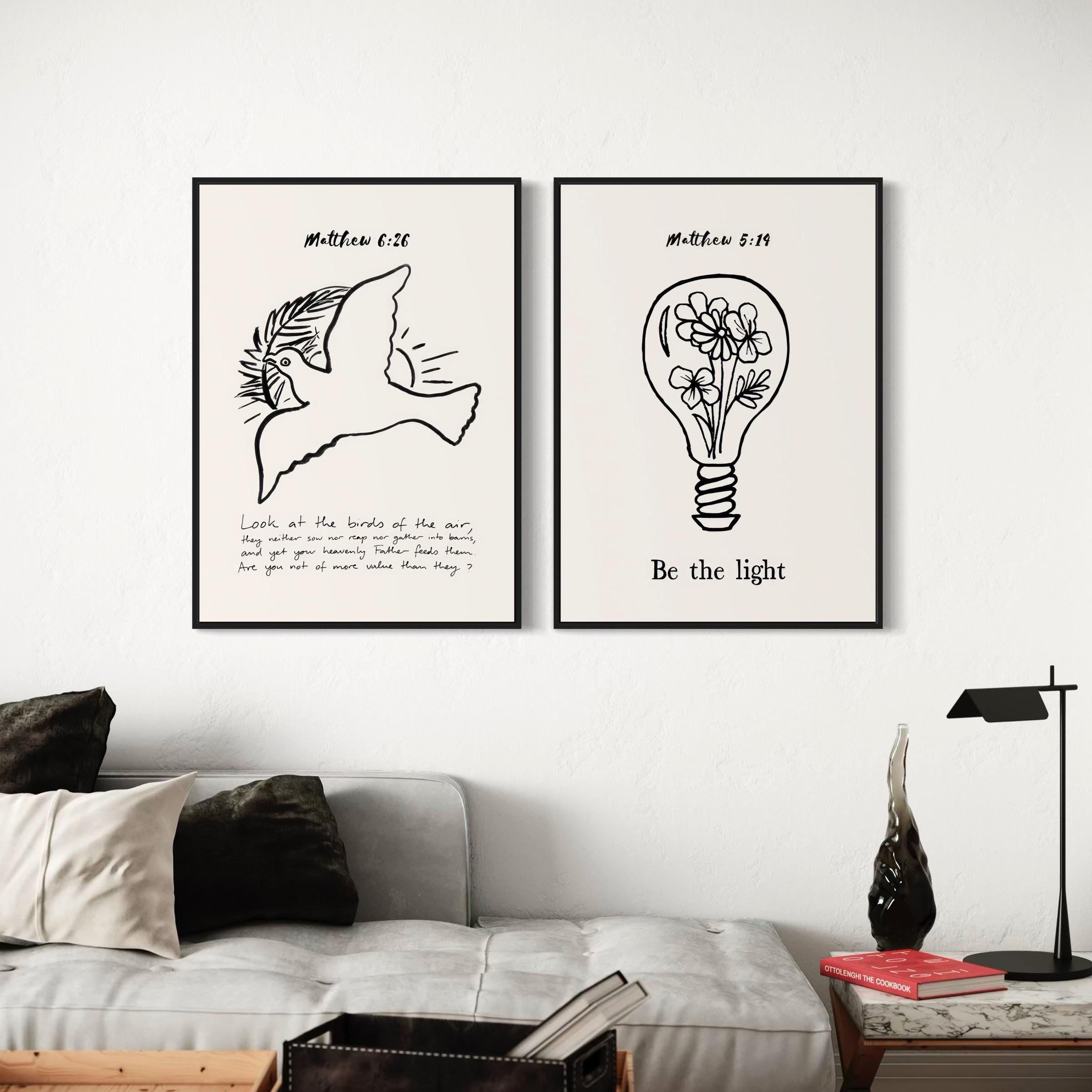 Christian Set of 2 | Be the Light, Look at the Birds | Matthew 5:19 & 6:26 Poster Prints | Canvas Wall Art
