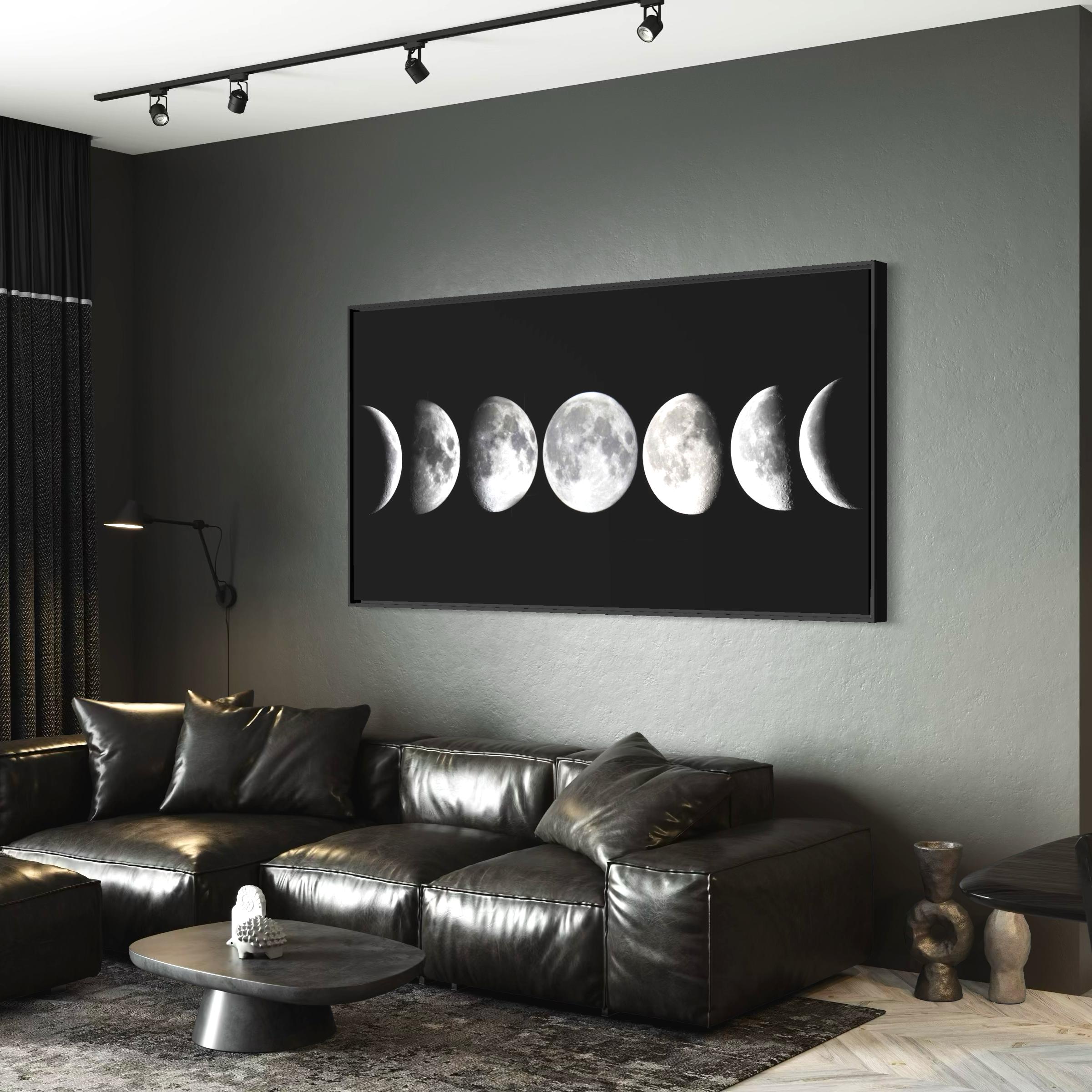 Lunar Phases Cycle | Black Minimalist Moon Astronomy Wall Art Canvas | Space Art Poster Print