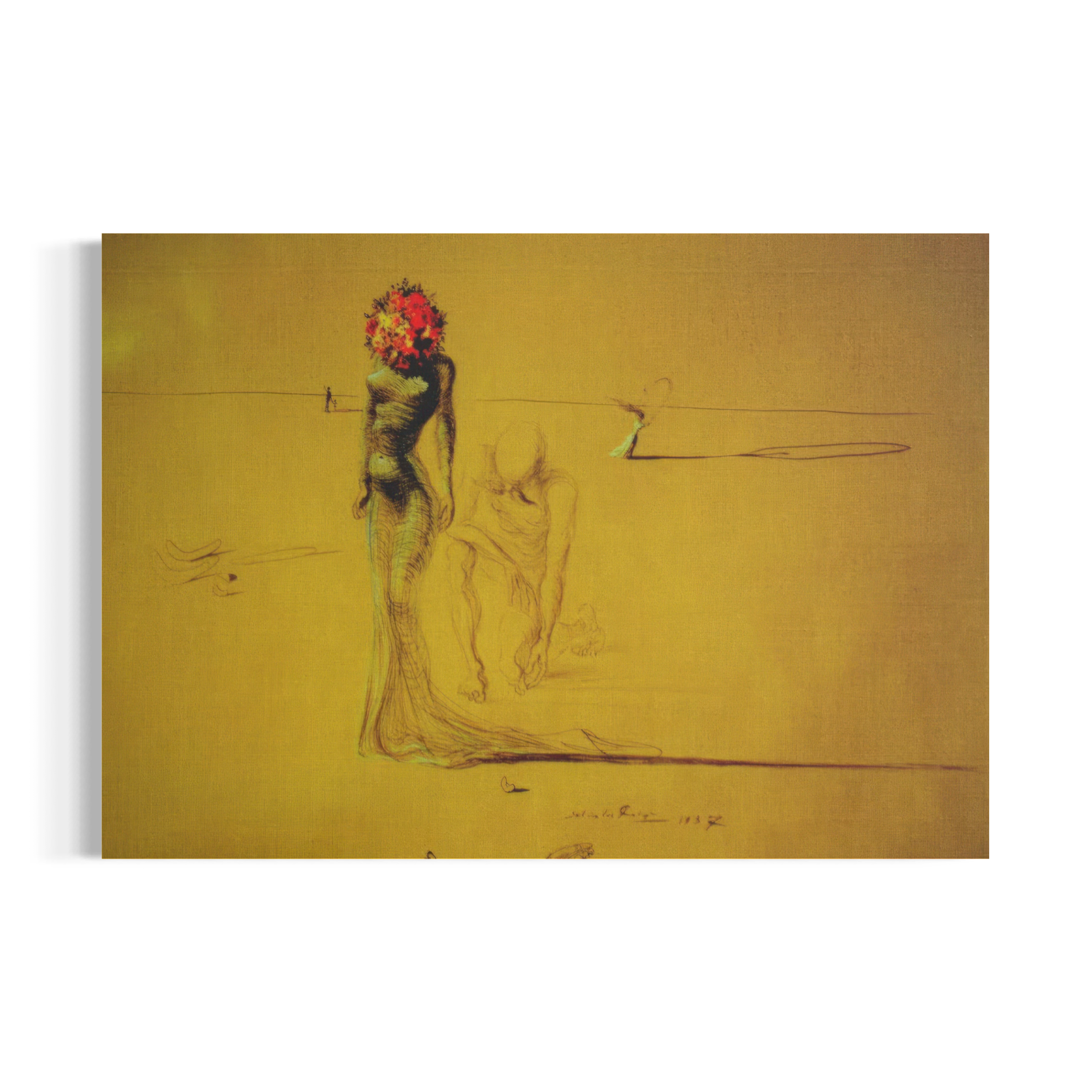 The image is a painting depicting a woman with a flower in her hair, standing in a field.