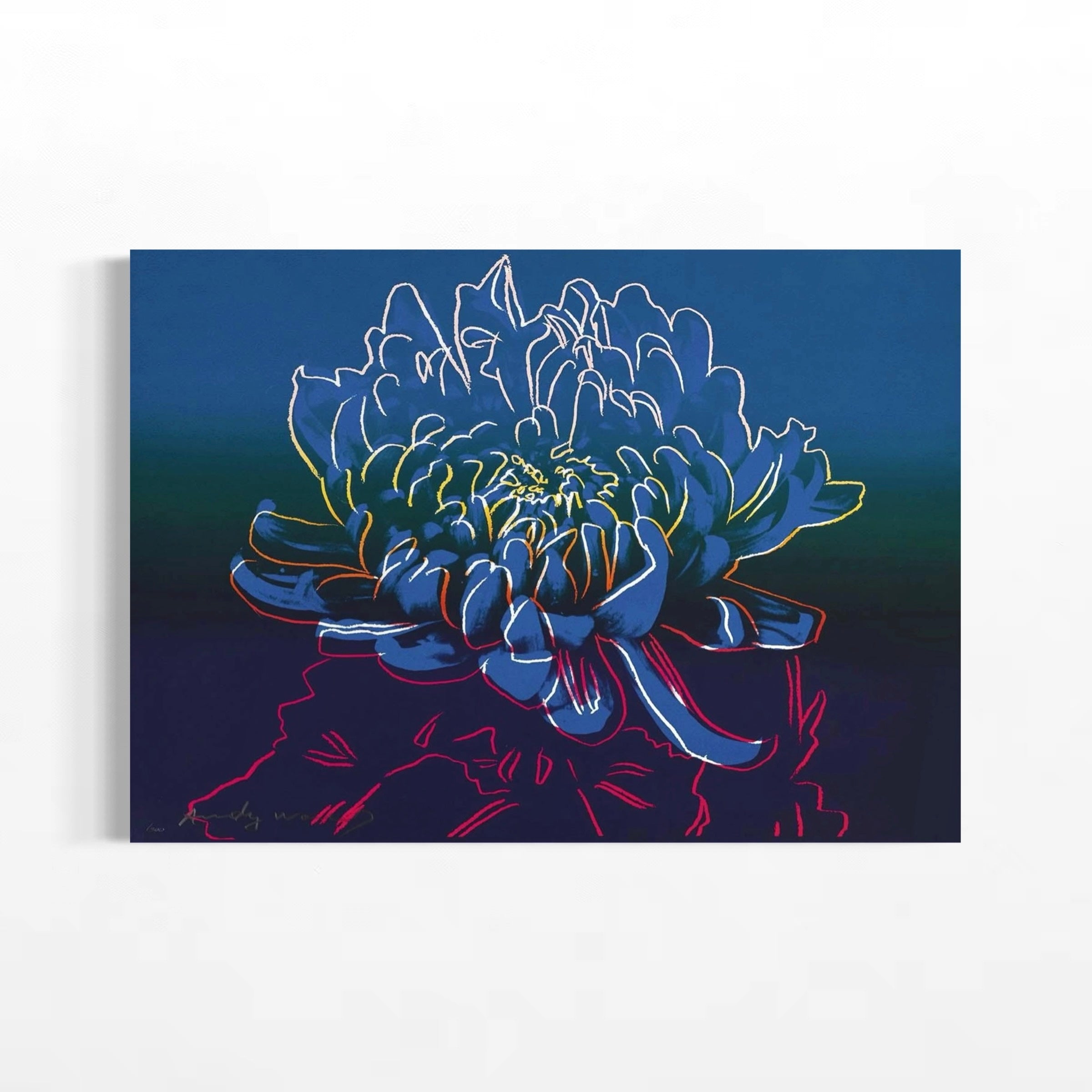 The image is a vibrant and colorful painting of a large blue flower with intricate details and a striking contrast against a dark background.