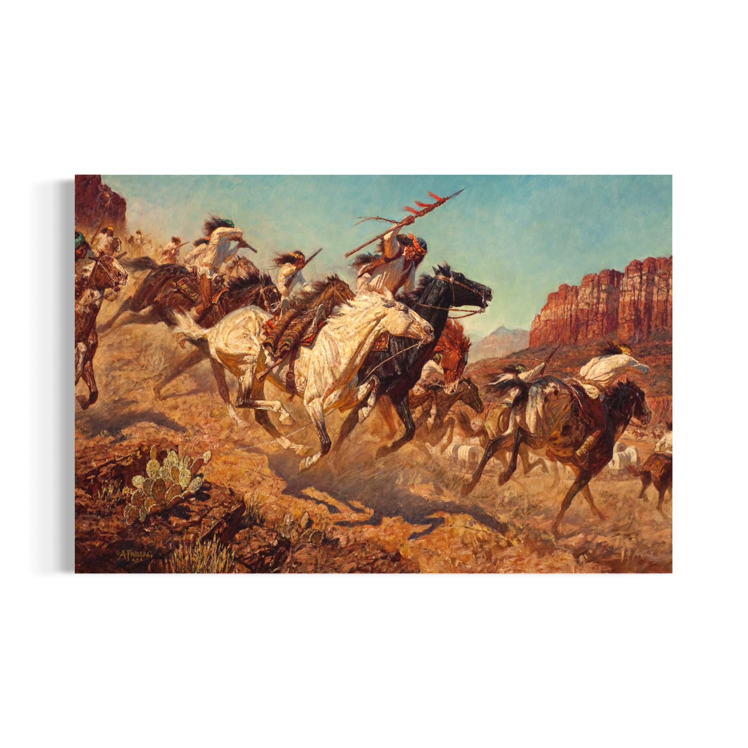 a group of people riding horses in a desert landscape, with red rock formations in the background.