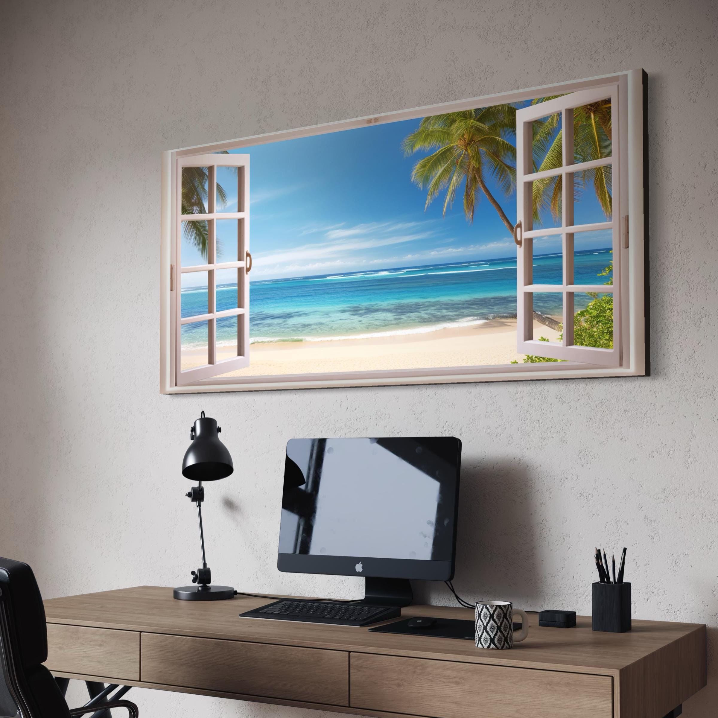 Beach Window View Tropical Ocean Palm Trees | Coastal Landscape Wall Art Canvas | Poster Print