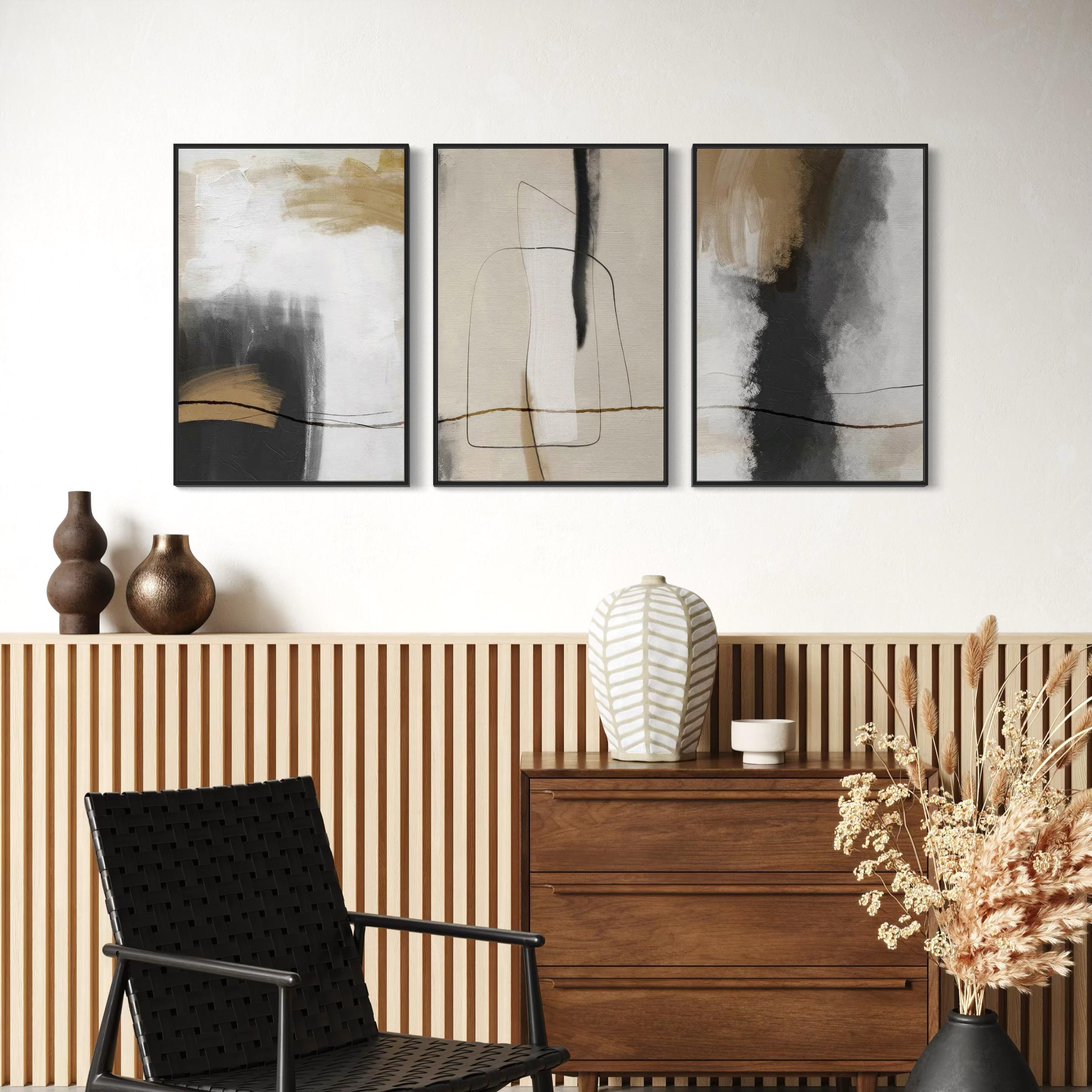 Set of 3 Abstract Canvas Wall Art | Grunge Poster Prints Stroke Effect Tan Gray Neutral Organic