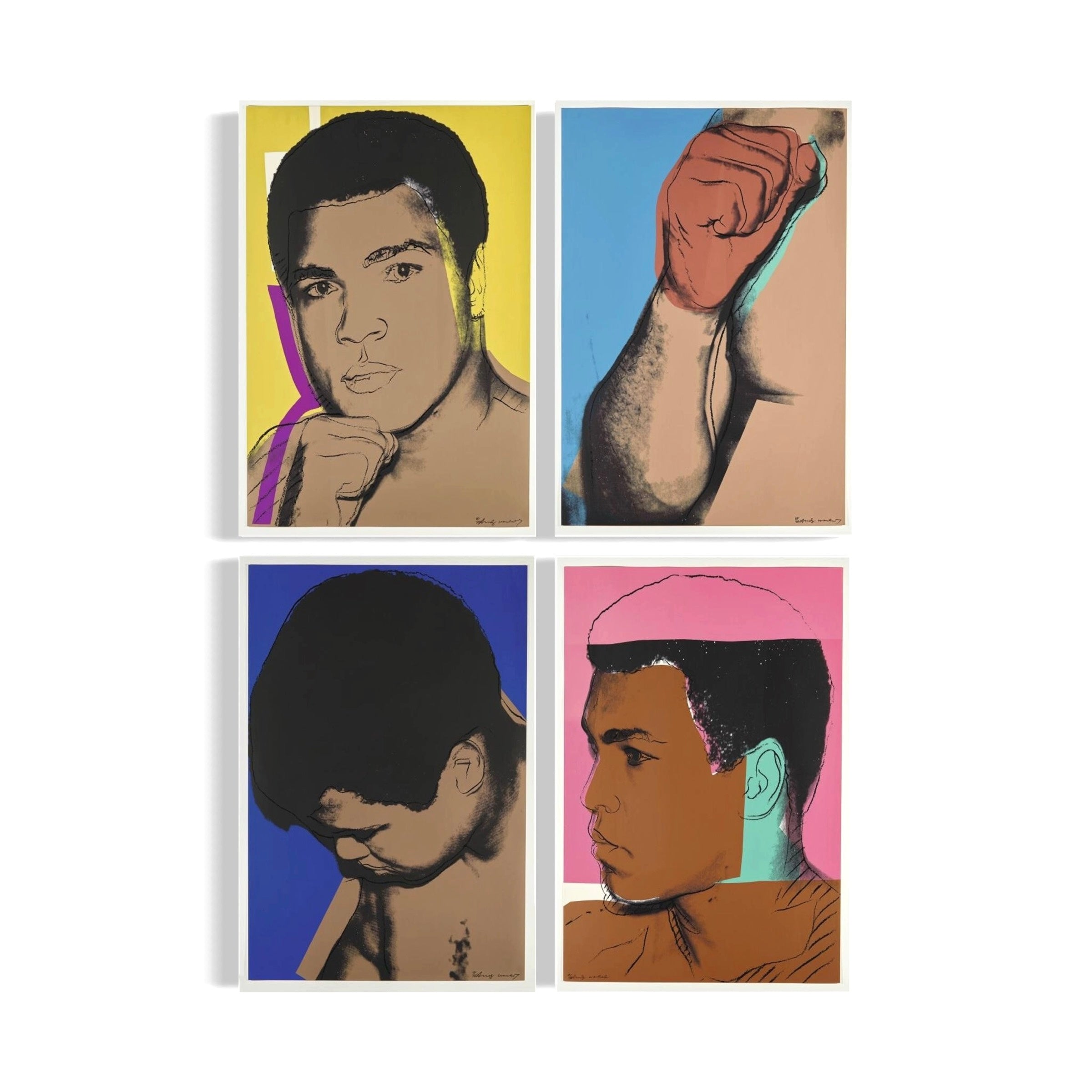 four separate portraits of a person, each with a different color scheme and style.