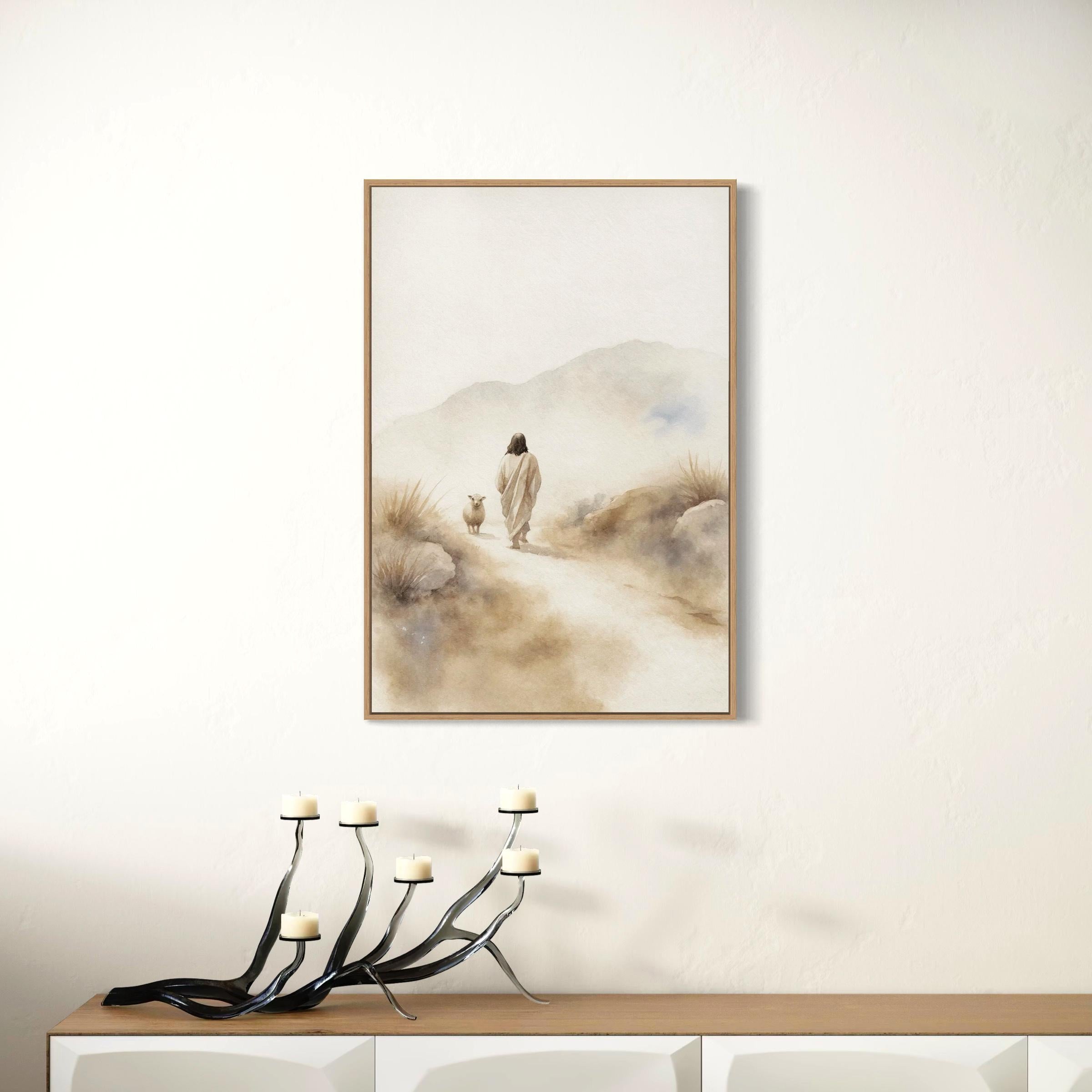 Jesus & Sheep Wall Art Canvas | Minimalist Christian Poster Print | Pastoral Abstract Landscape