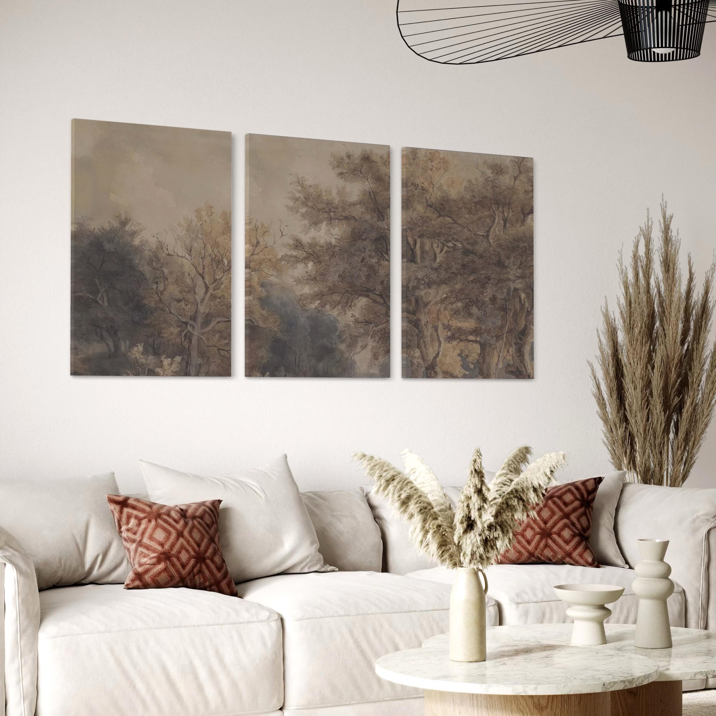 Vintage Forest Wall Art Set of 3 Landscape Canvas Prints | Neutral Woodland Triptych Poster