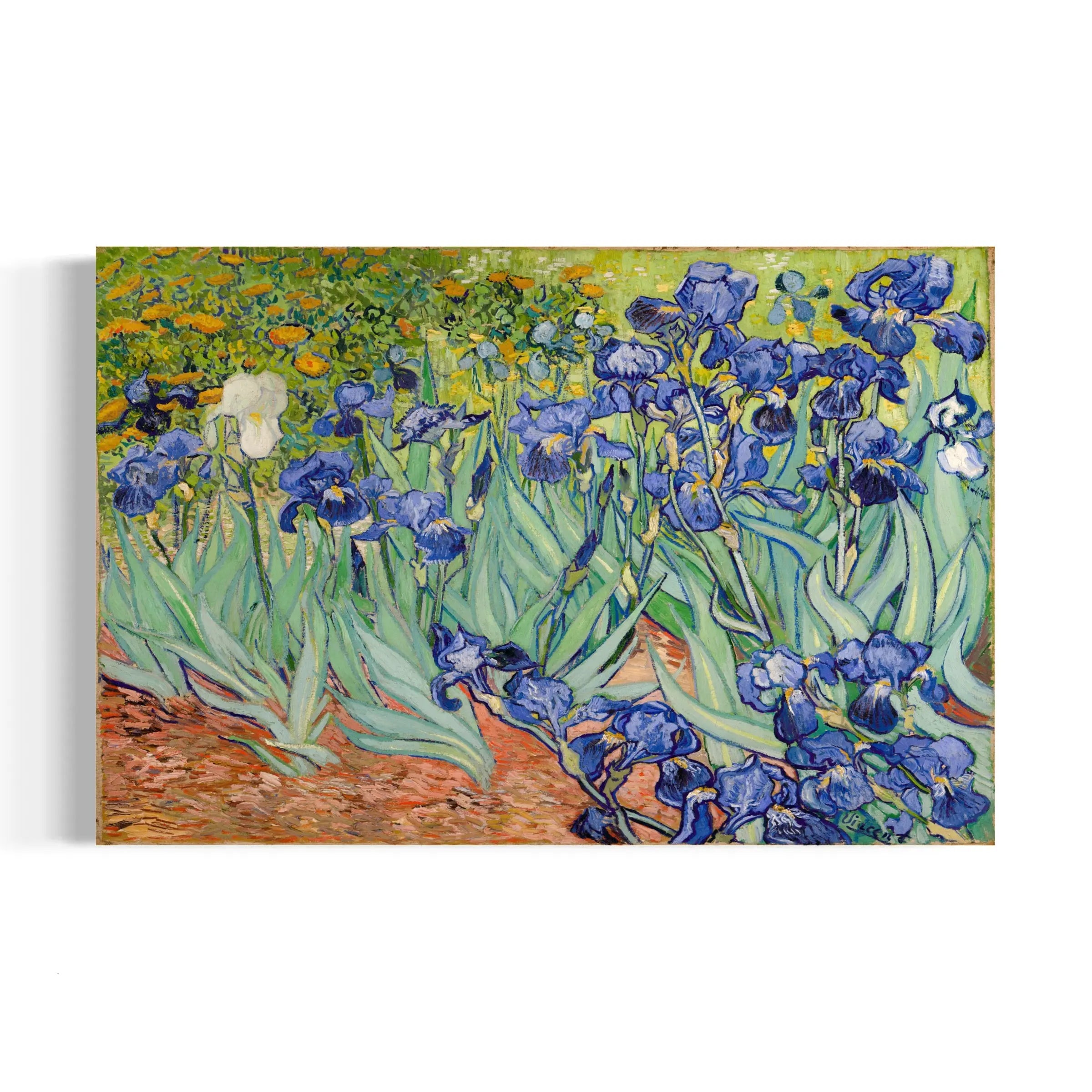 a painting of blue flowers in a field