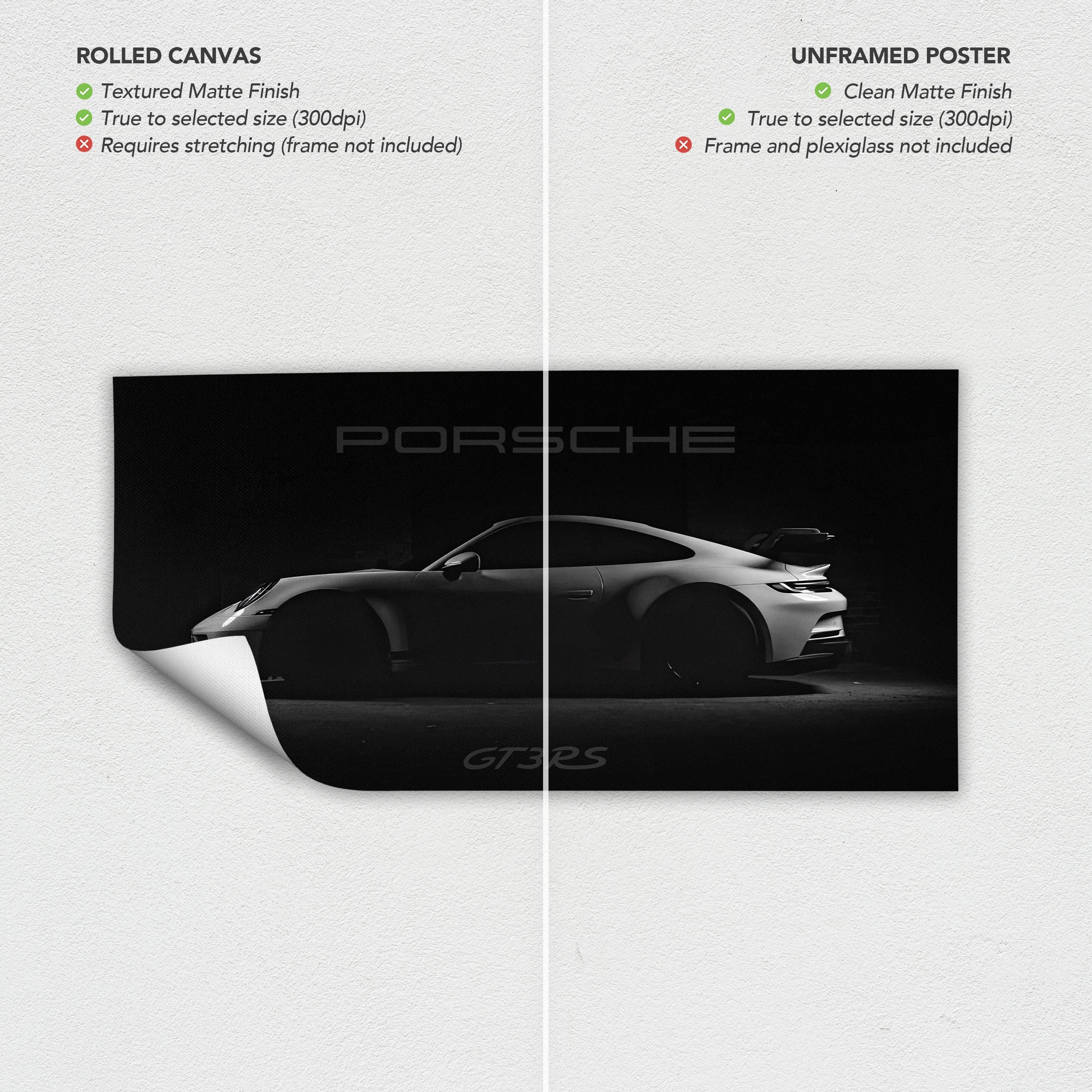 Porsche 911 Motivational GT3 RS Sports Car | Black & White Canvas Art | Poster Print