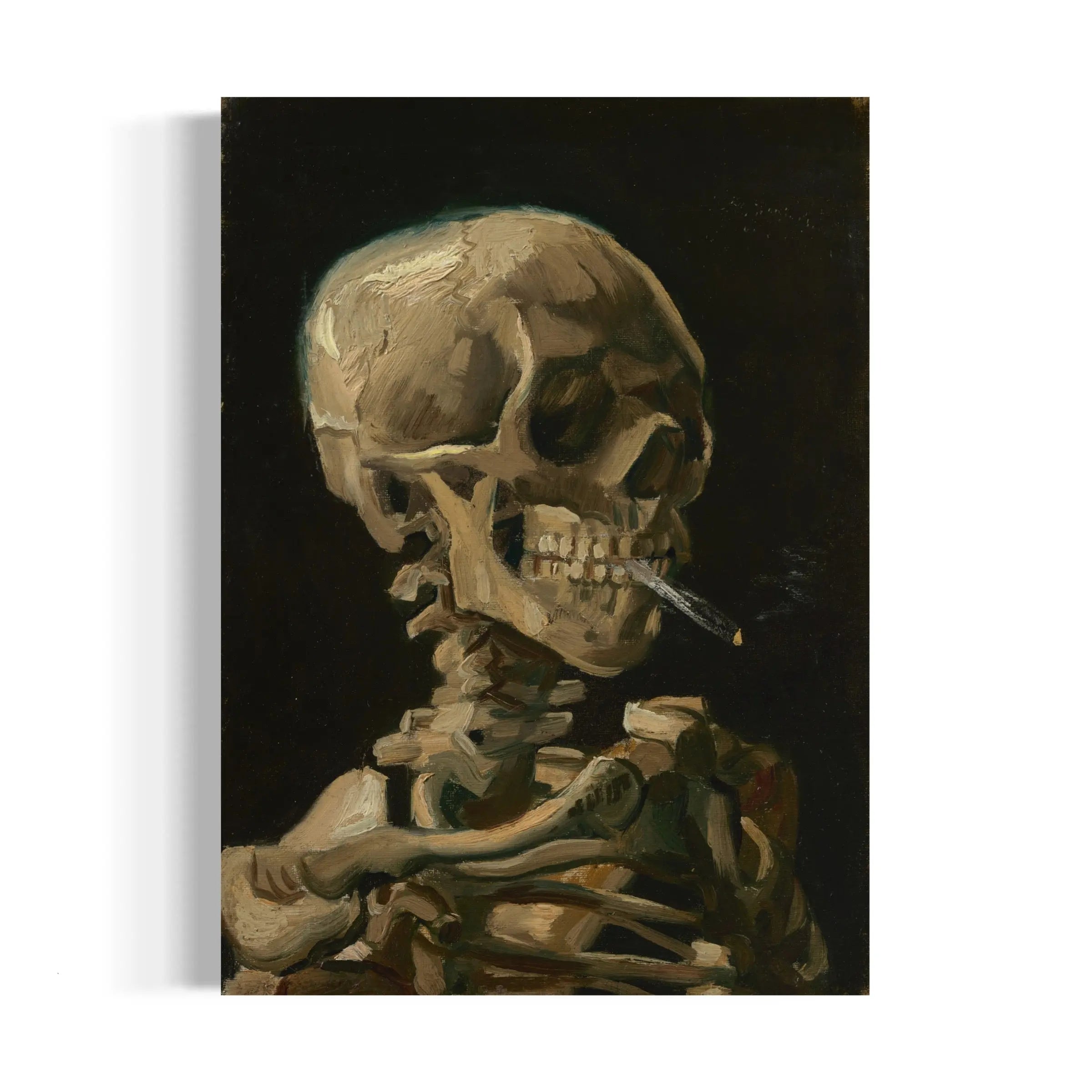 a painting of a skeleton smoking a cigarette