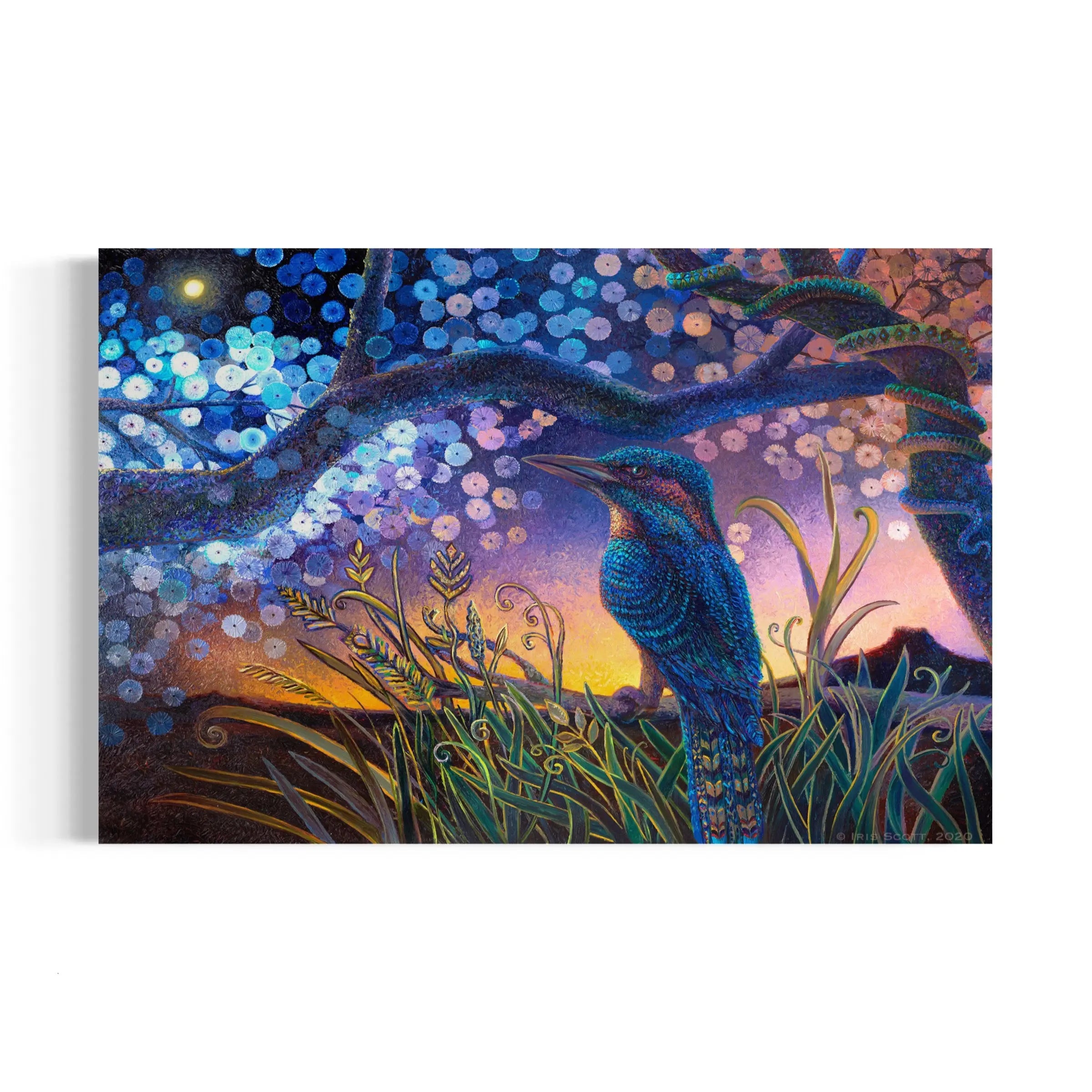 a painting of a peacock sitting under a tree