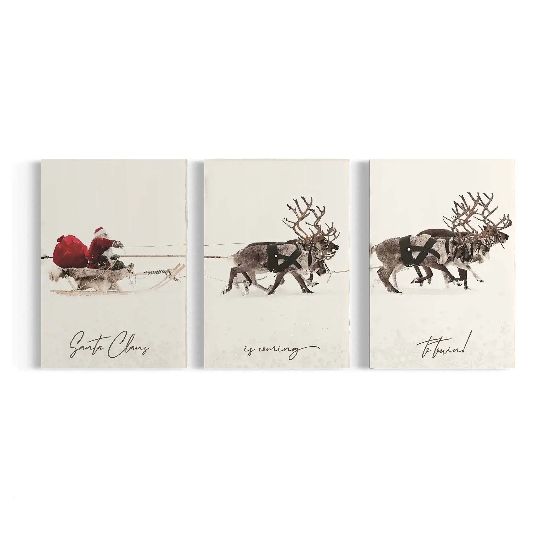 three pictures of santa riding a sleigh pulled by reindeers