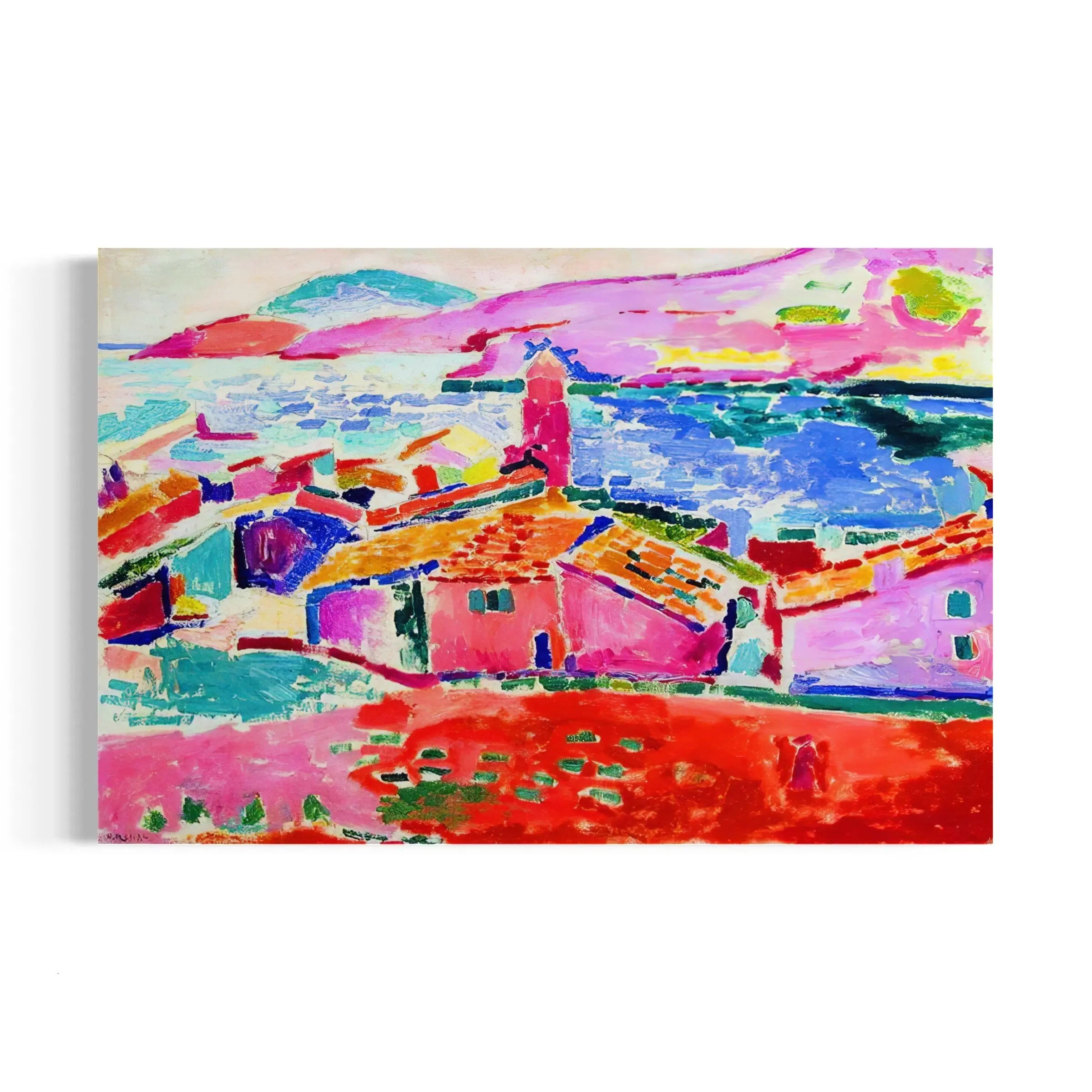 a painting of a colorful city with mountains in the background