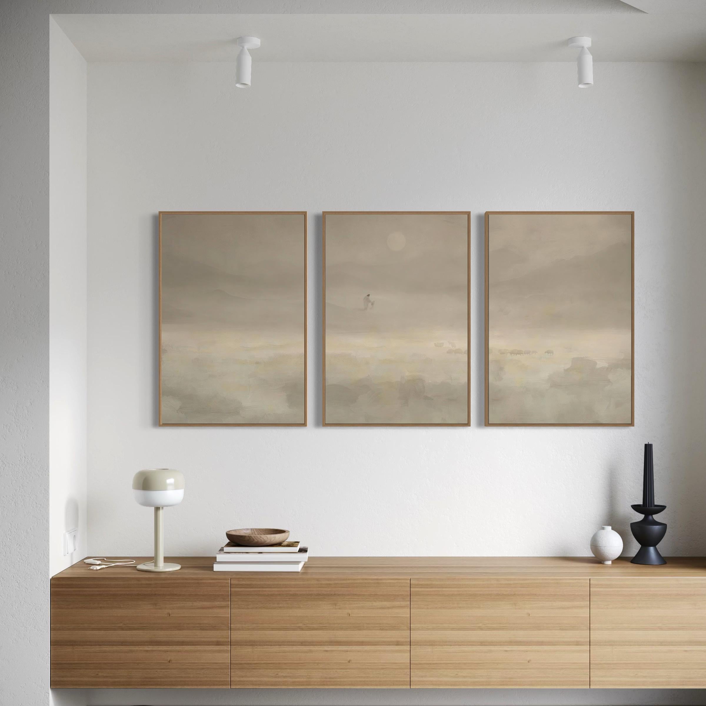 Jesus & Sheep Set of 3 Wall Art Canvas | Framed Poster Prints | Minimalist Christian Pastoral