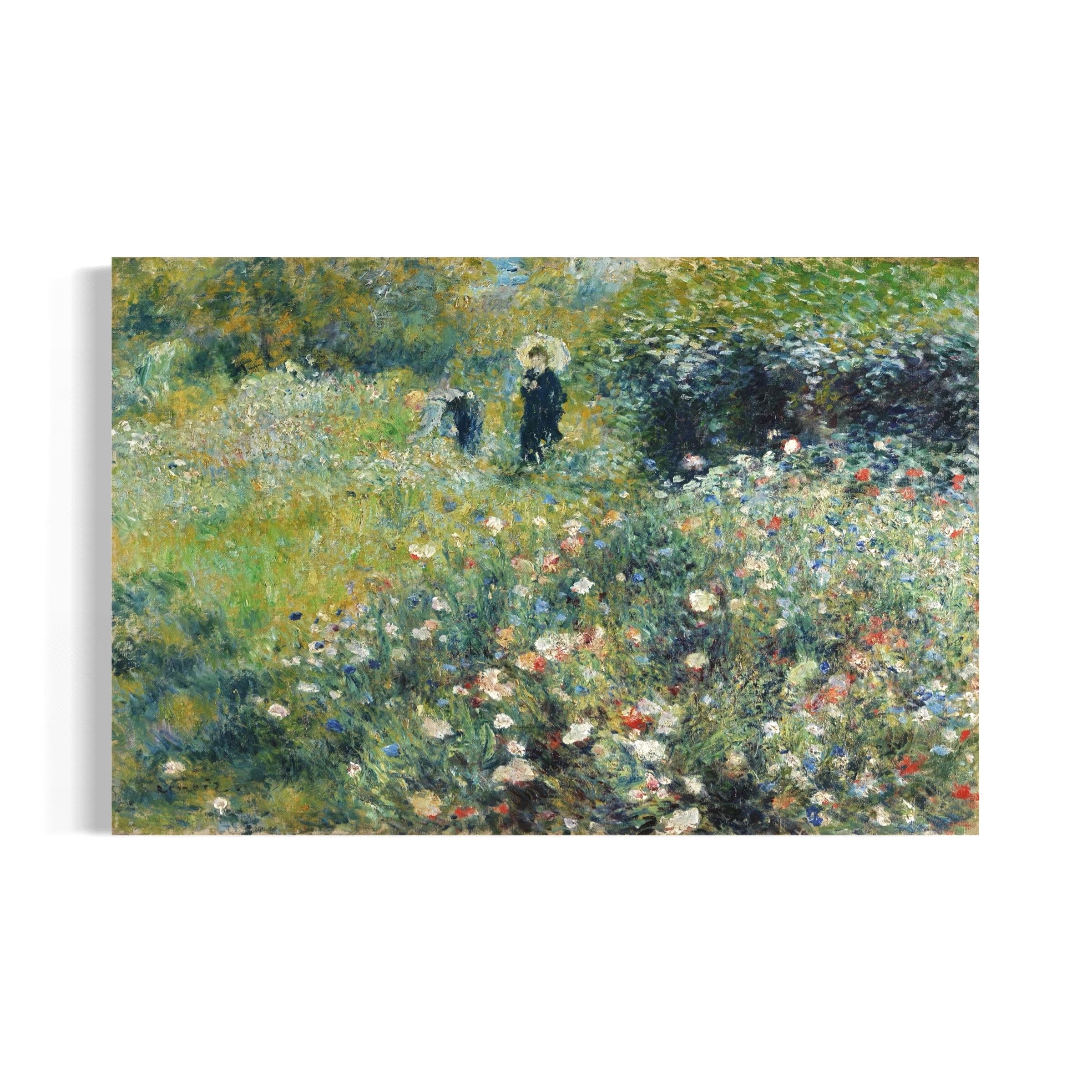 The image is an impressionist painting depicting a woman walking through a field of flowers.