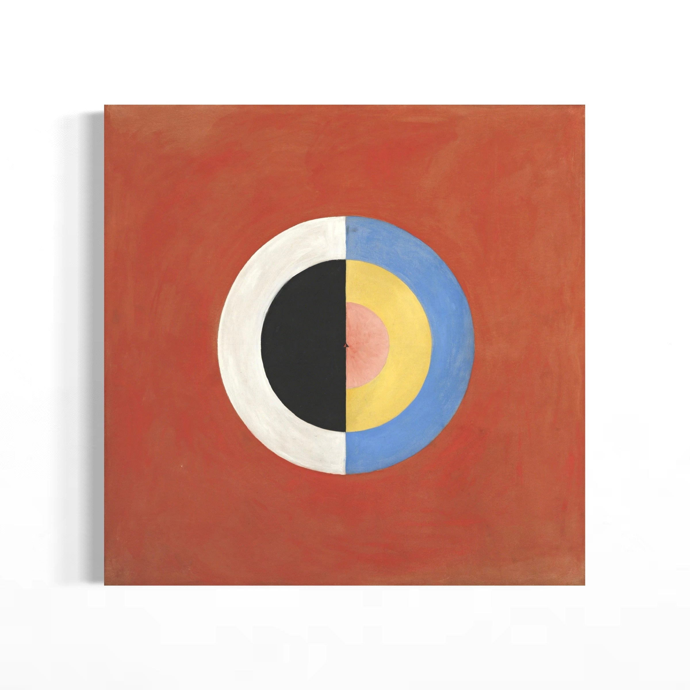 The image is a square canvas with a bold, abstract design featuring a circle with a black and white center, surrounded by a vibrant red background.