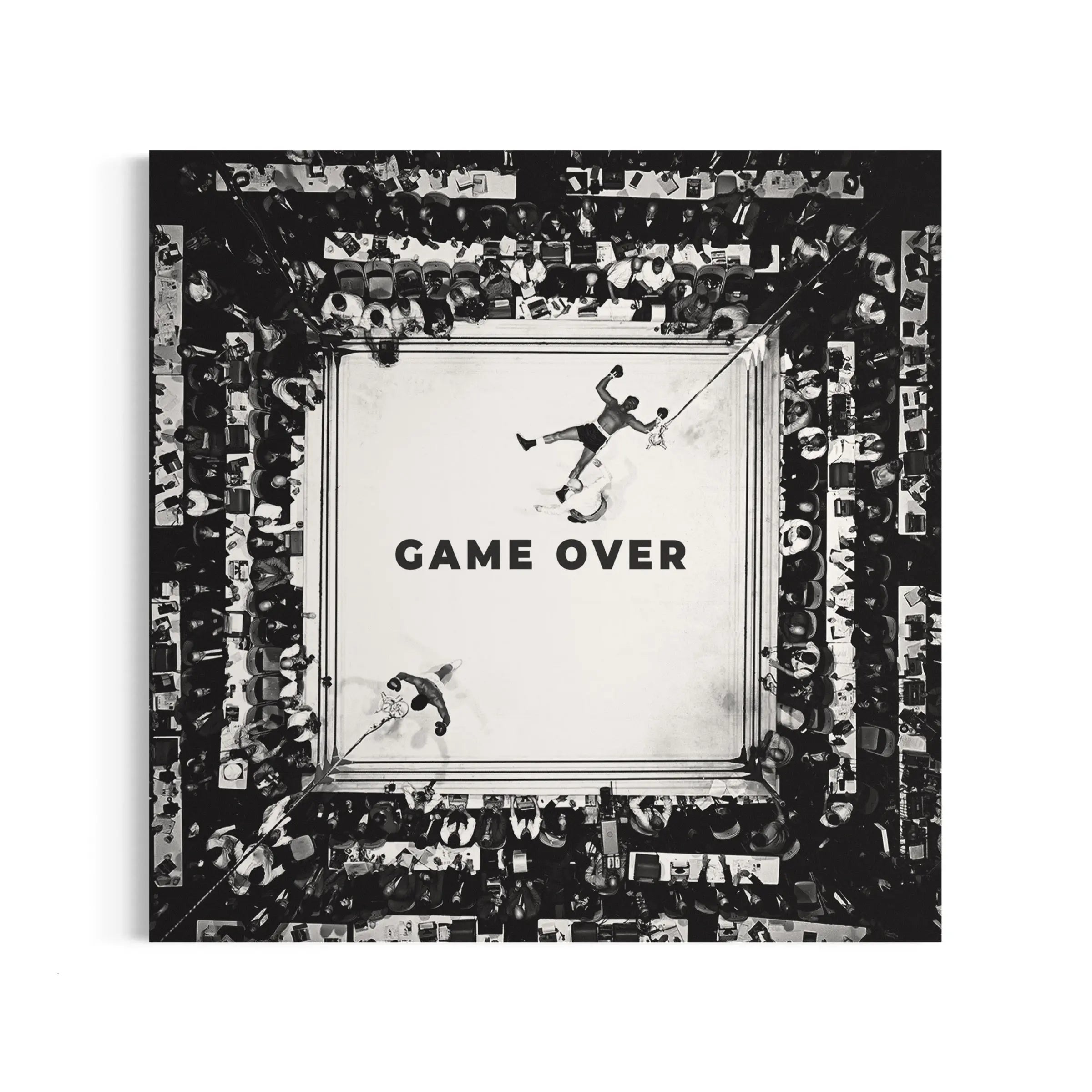 a black and white photo of a game over sign