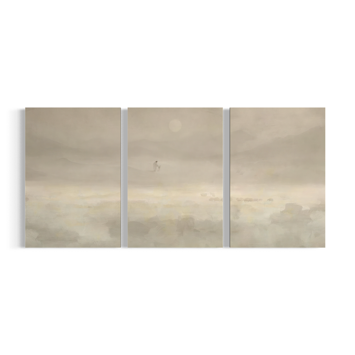 Jesus & Sheep Set of 3 Wall Art Canvas | Framed Poster Prints | Minimalist Christian Pastoral