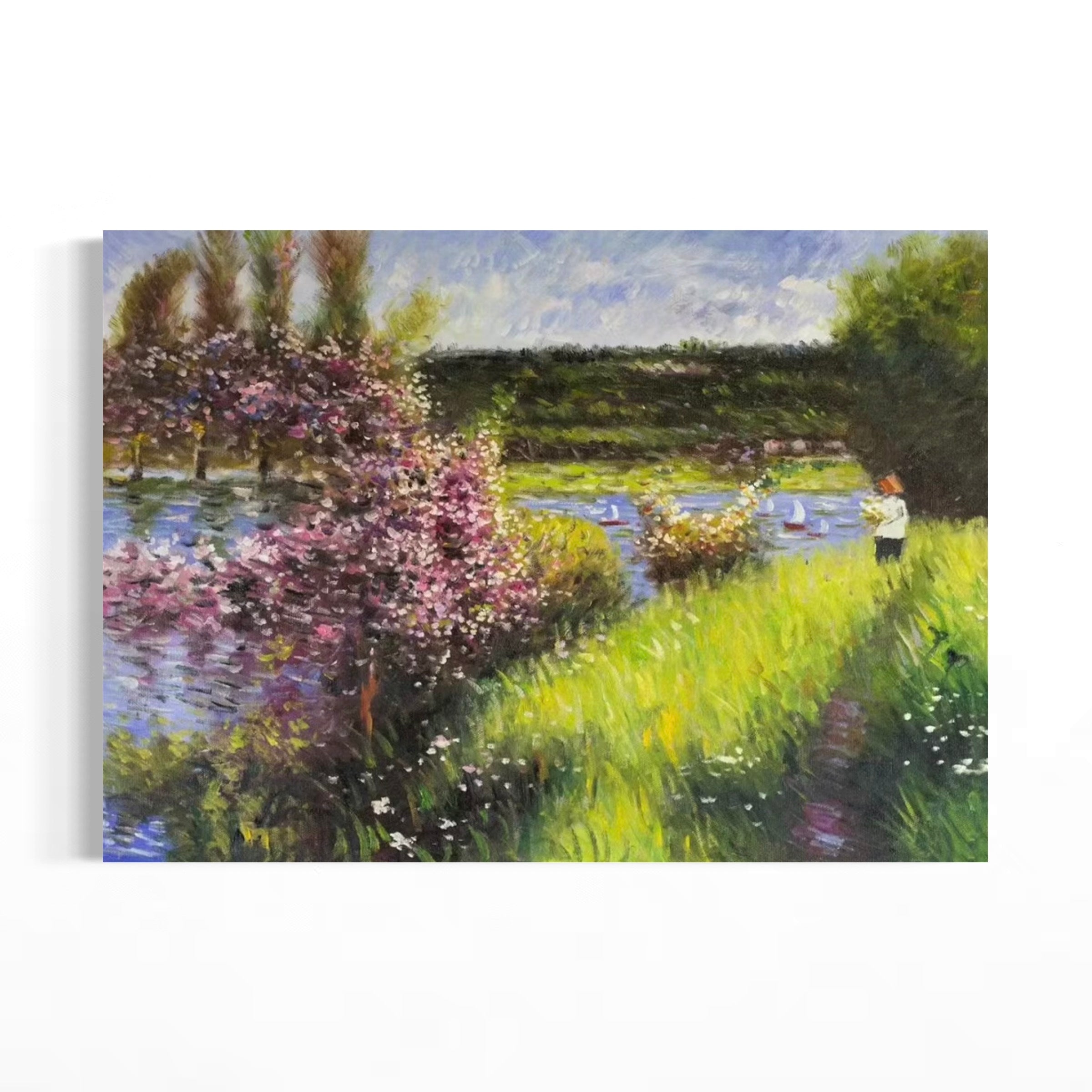 The image is a painting depicting a serene landscape with a river, lush green grass, and blooming trees. A person can be seen standing near the river, enjoying the peaceful scenery.