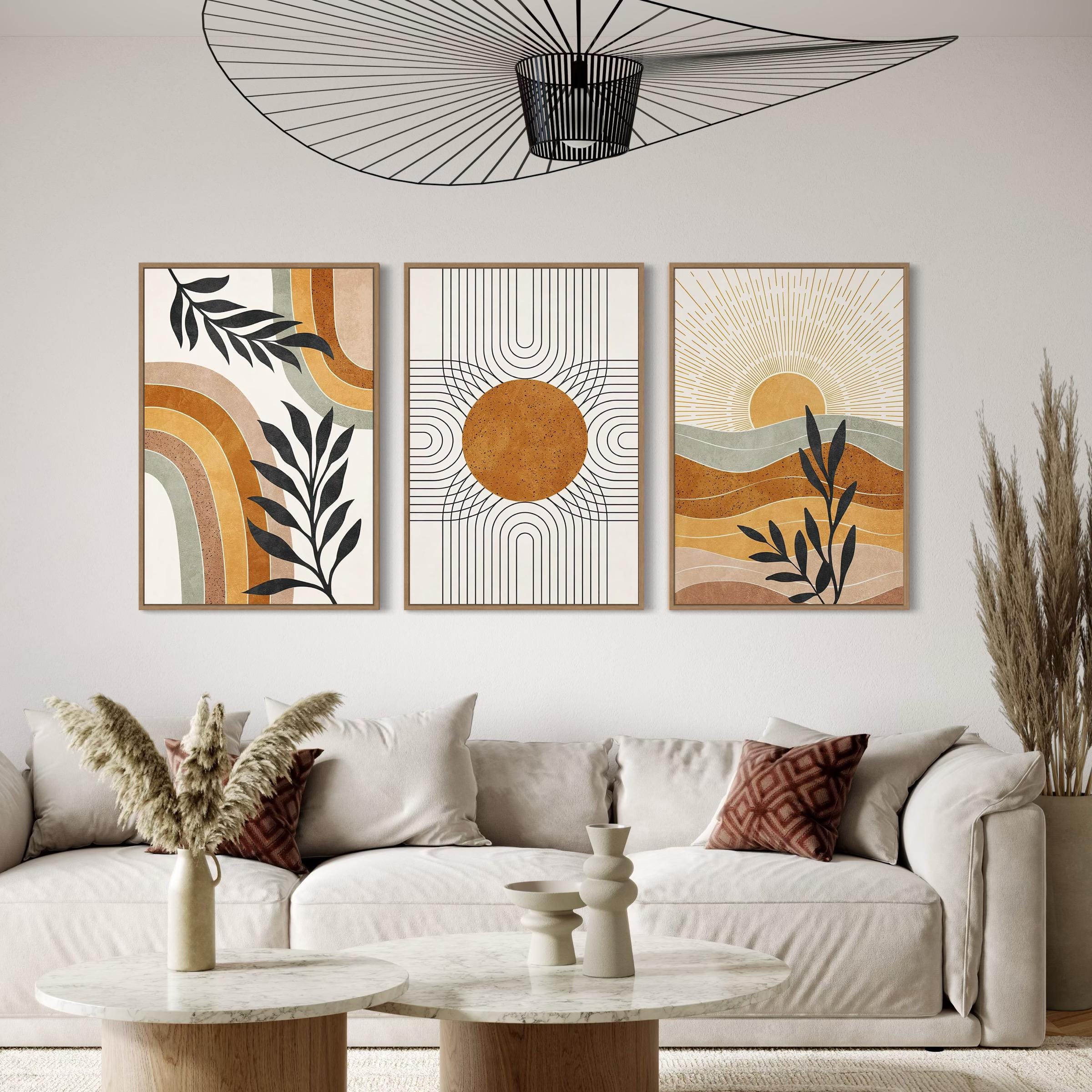 Poster Wall Art Set of 3 Prints | Geometric Sun Desert Plants Canvas | Mid Century Modern Boho