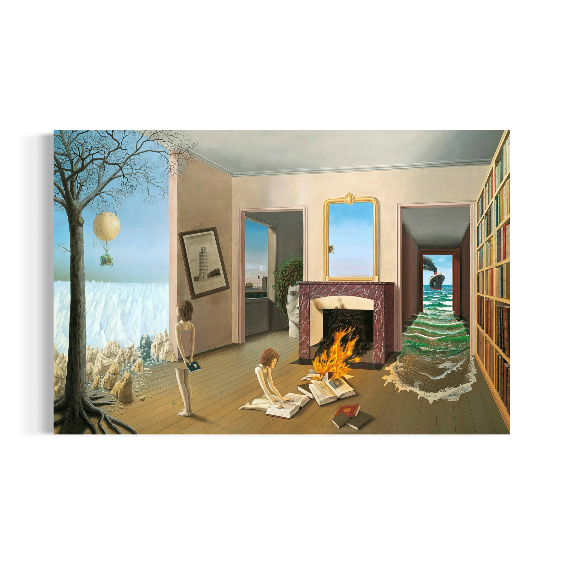The image is a surreal painting depicting a room with a fireplace, books, and a tree, with a person sitting on the floor and another person standing nearby.