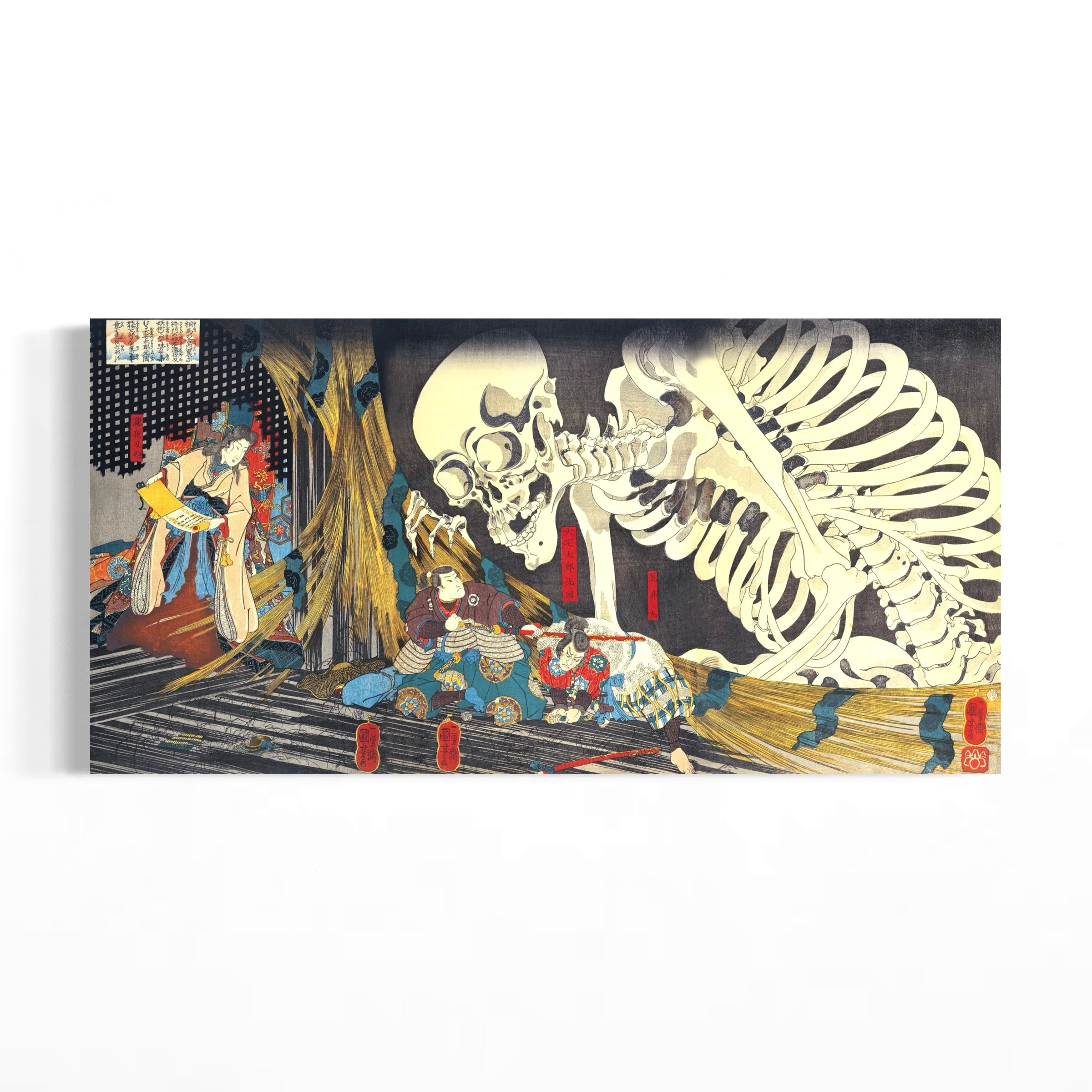 The image is a Japanese woodblock print depicting a skeleton figure in a dark, shadowy environment.