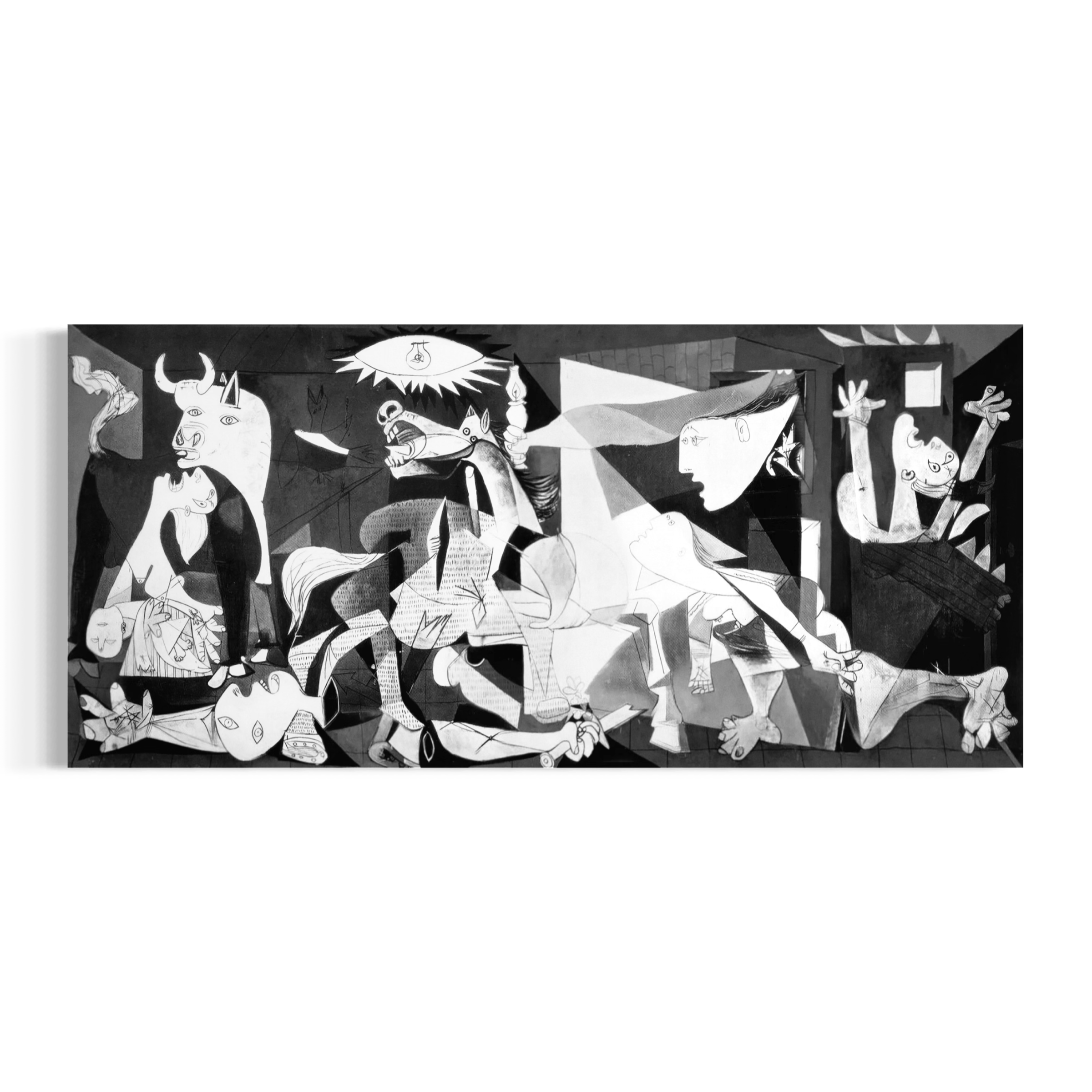 The image is a black and white abstract artwork featuring a variety of surreal and fantastical elements, including animals, people, and geometric shapes.