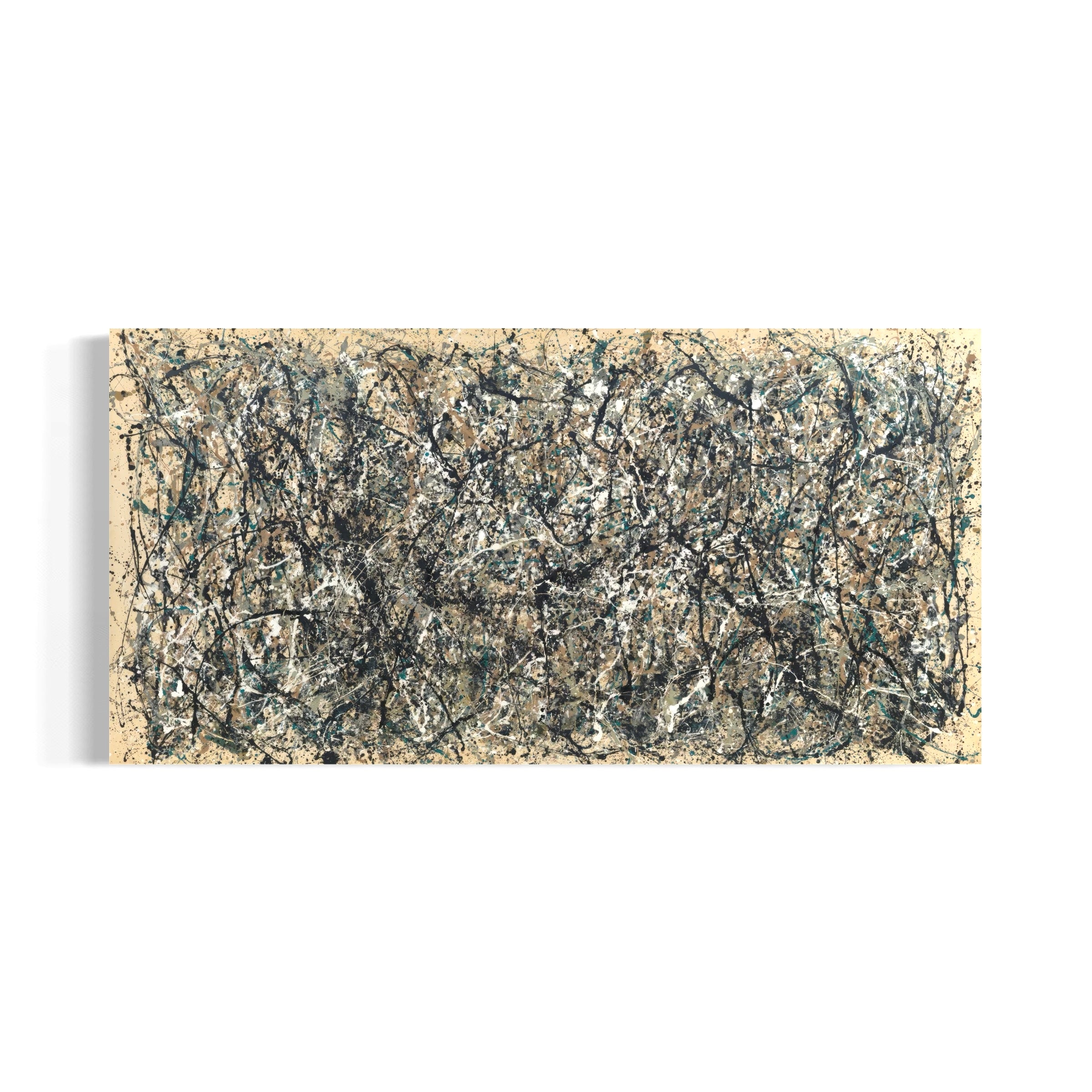 The image is a rectangular abstract painting with a chaotic and tangled pattern of black and white lines and splatters.