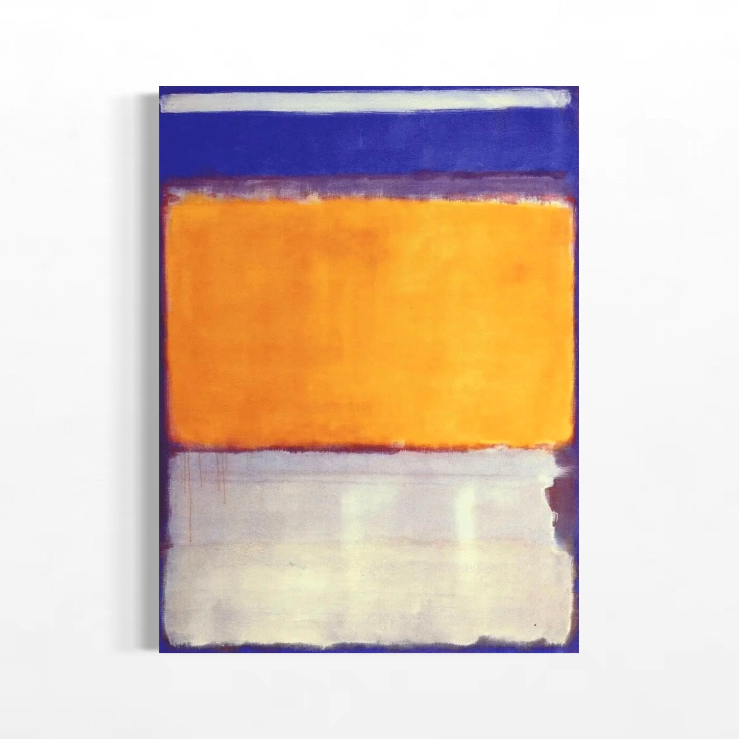 The image is a rectangular abstract painting with a blue and orange color scheme. The painting features a large, solid blue rectangle in the top left corner, and a smaller, solid orange rectangle in the bottom right corner. The painting has a textured, brushstroke-like appearance, giving it a modern and contemporary feel.