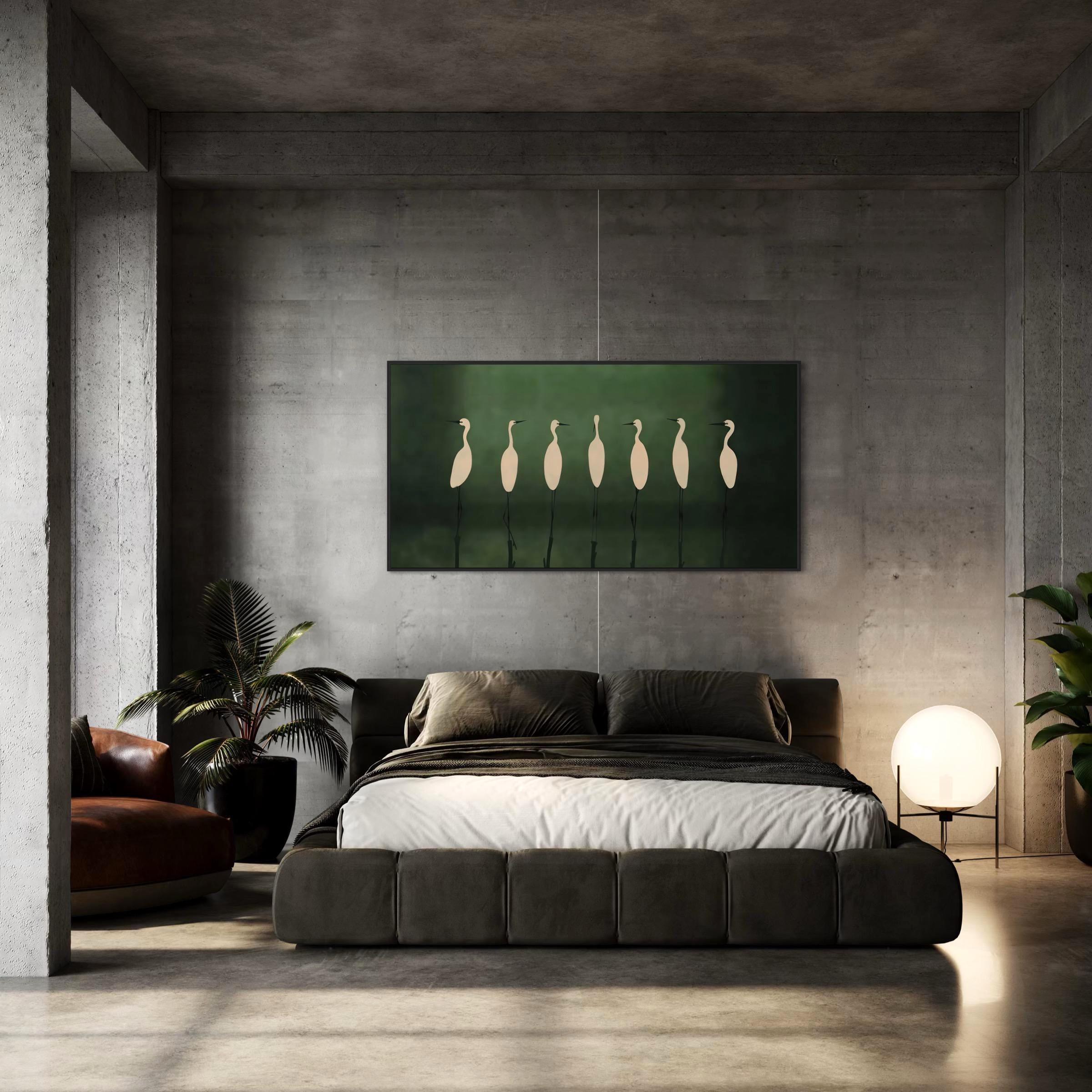 Large Heron Crane Minimalist Wall Art Canvas | Elegant White Birds on Deep Green Poster Print