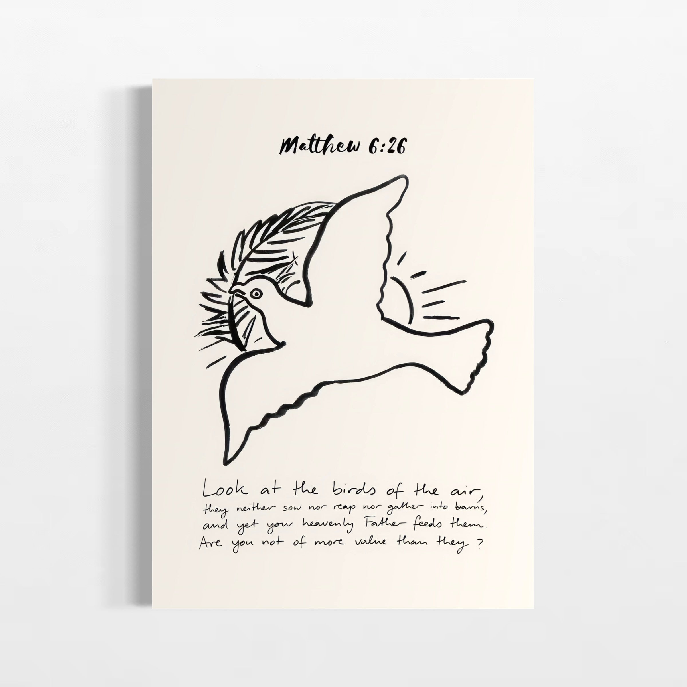 The image is a simple black and white illustration of a bird in flight, accompanied by a text that reads "Look at the birds of the air. They whom you look down upon, and yet you are not of more value than them?"