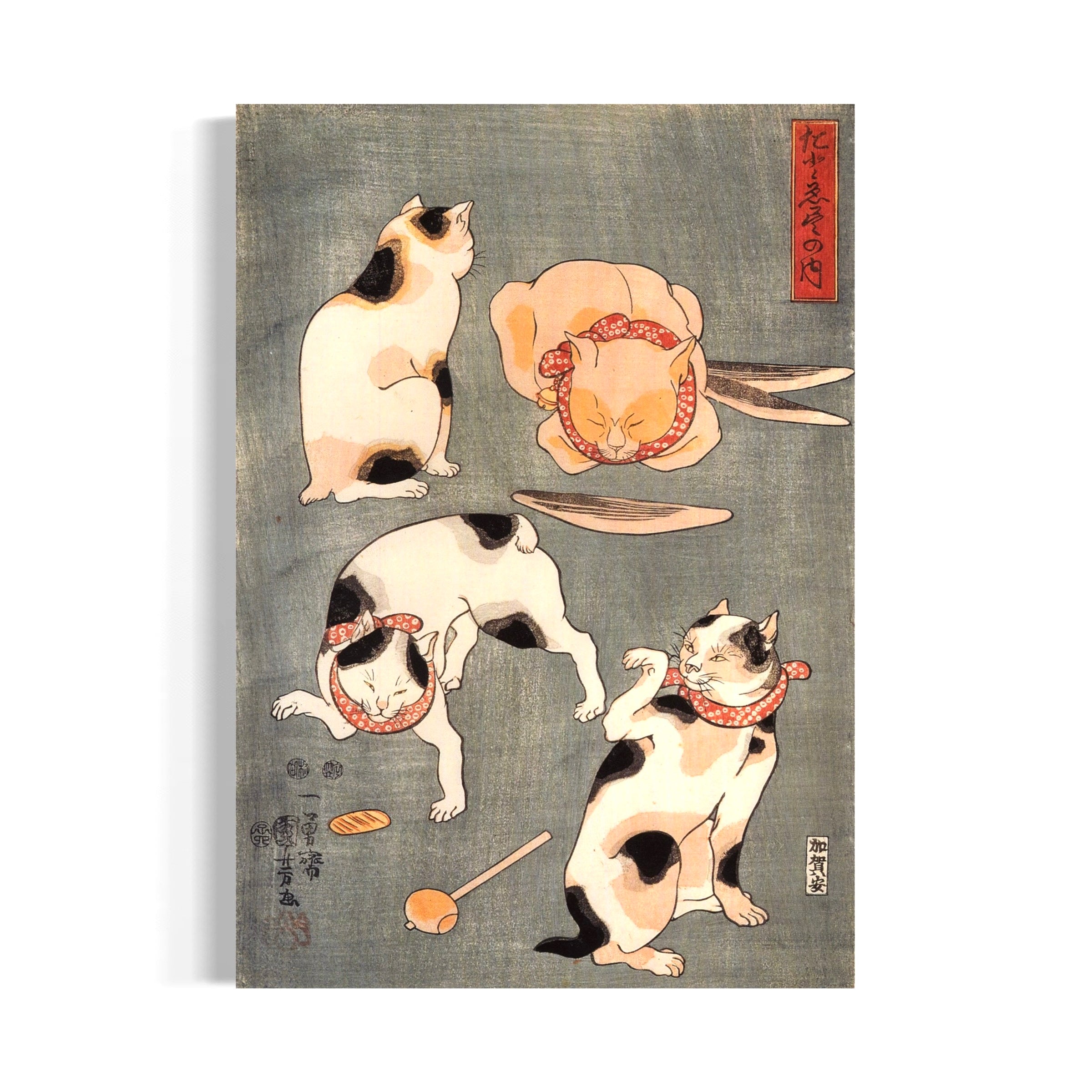 The image is a Japanese woodblock print featuring a group of cats in various poses, including sitting, standing, and playing with a toy.