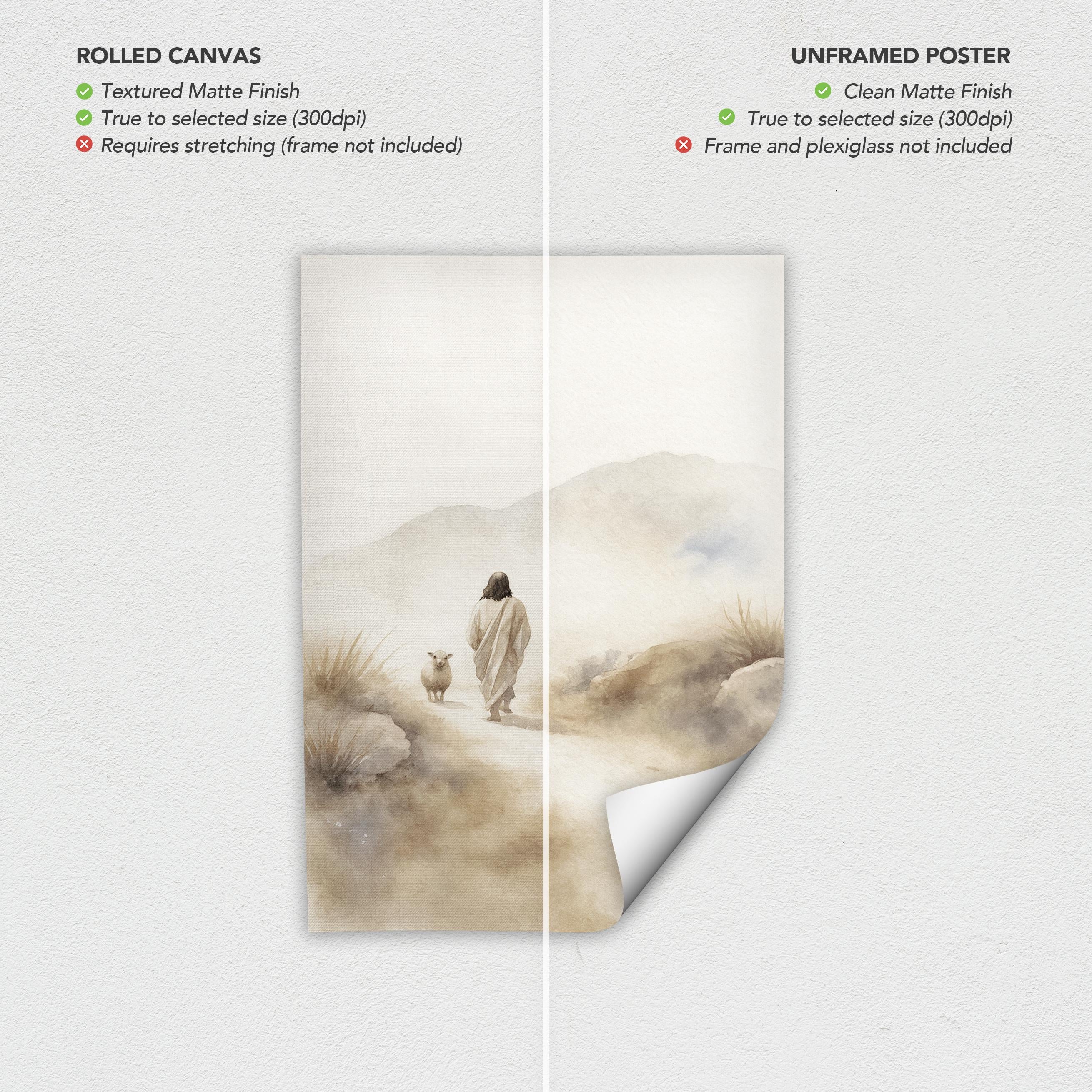 Jesus & Sheep Wall Art Canvas | Minimalist Christian Poster Print | Pastoral Abstract Landscape