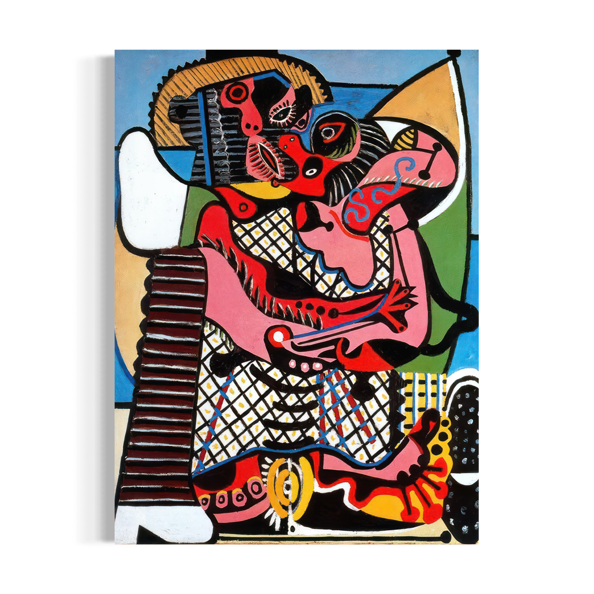 The image is a vibrant, abstract painting featuring a variety of bold colors, shapes, and patterns. The artwork is a mix of geometric and organic forms, creating a dynamic and visually striking composition.