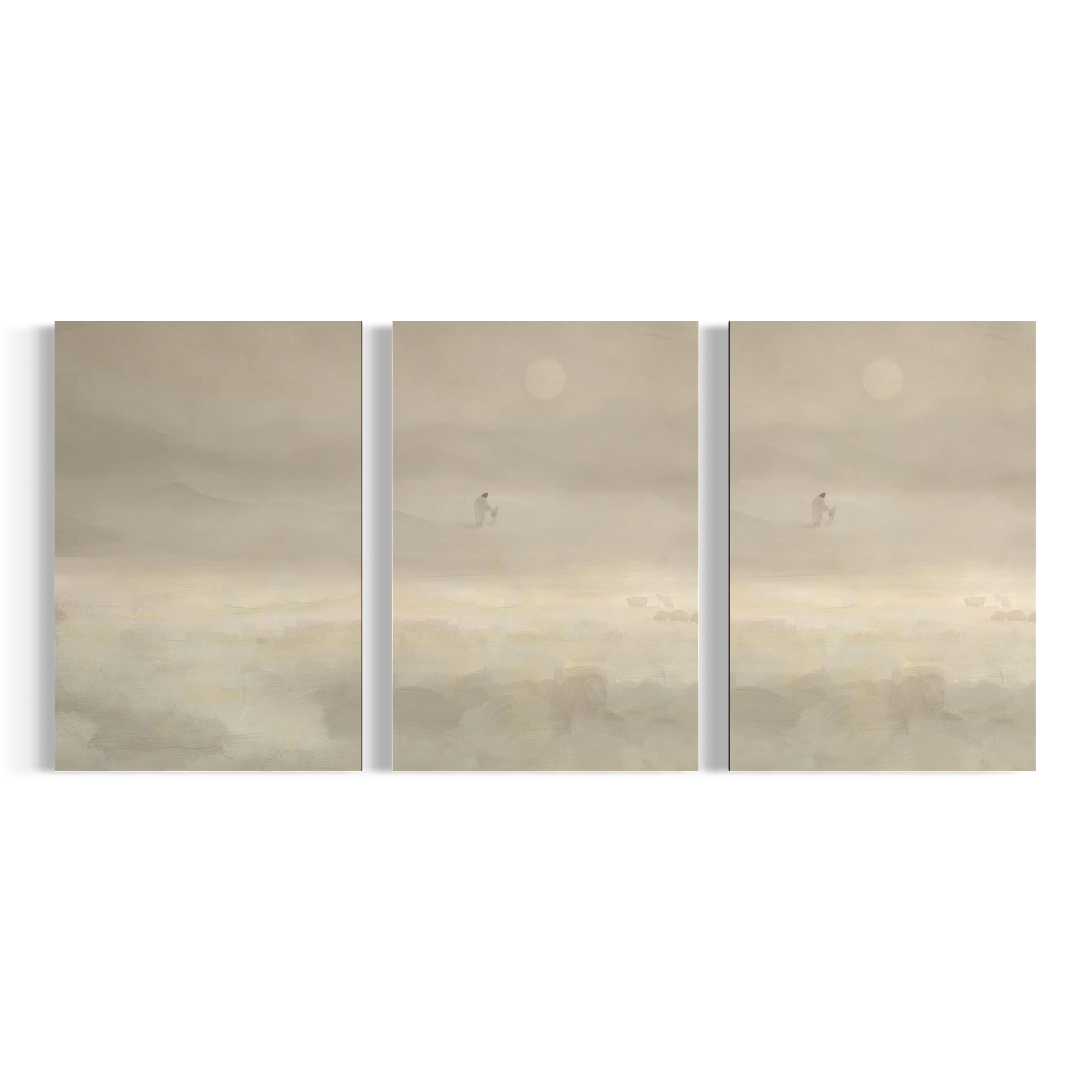 The image is a triptych of three paintings depicting a serene landscape with a cloudy sky and a small boat floating on the water.