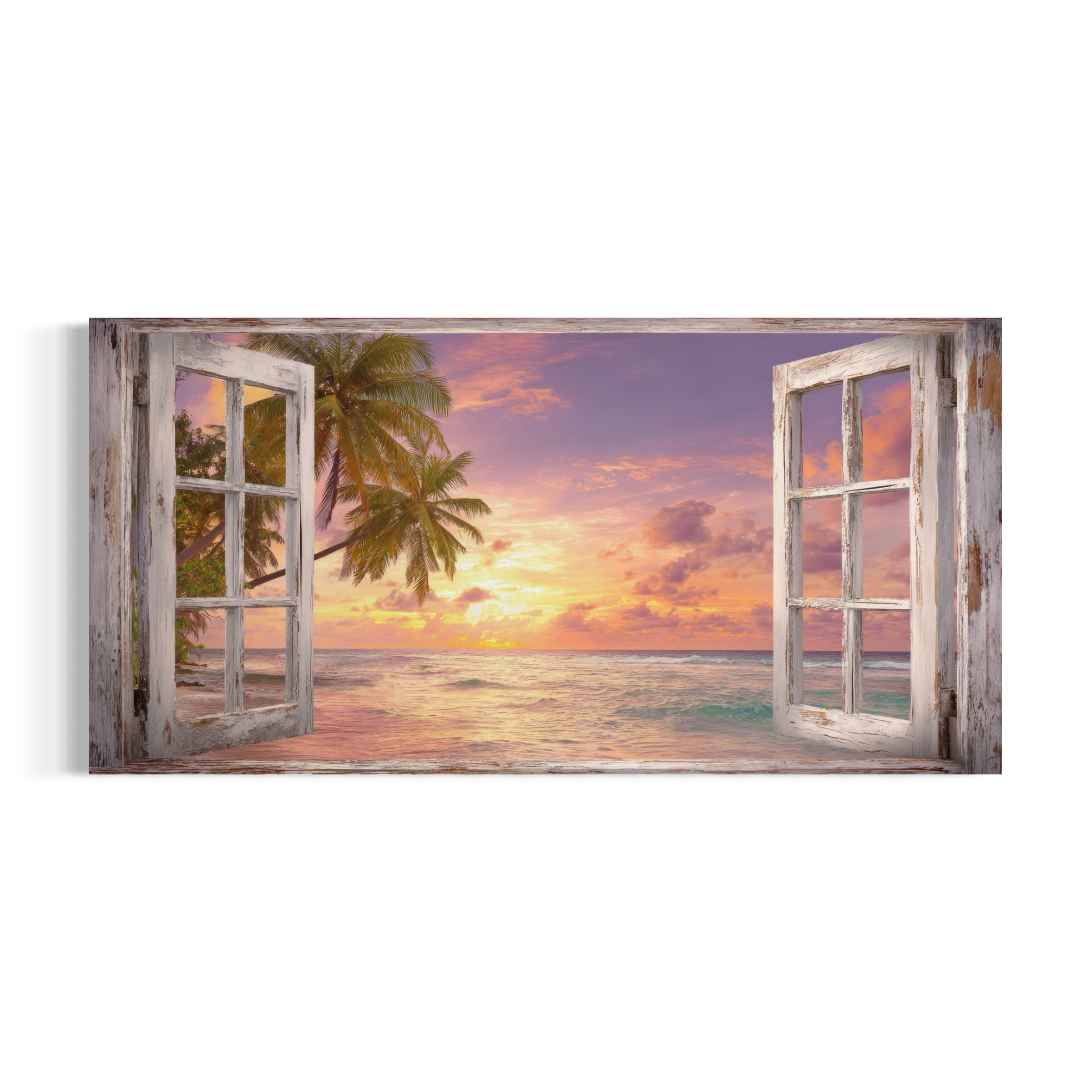 A serene tropical beach scene with palm trees and a colorful sunset over the ocean.
