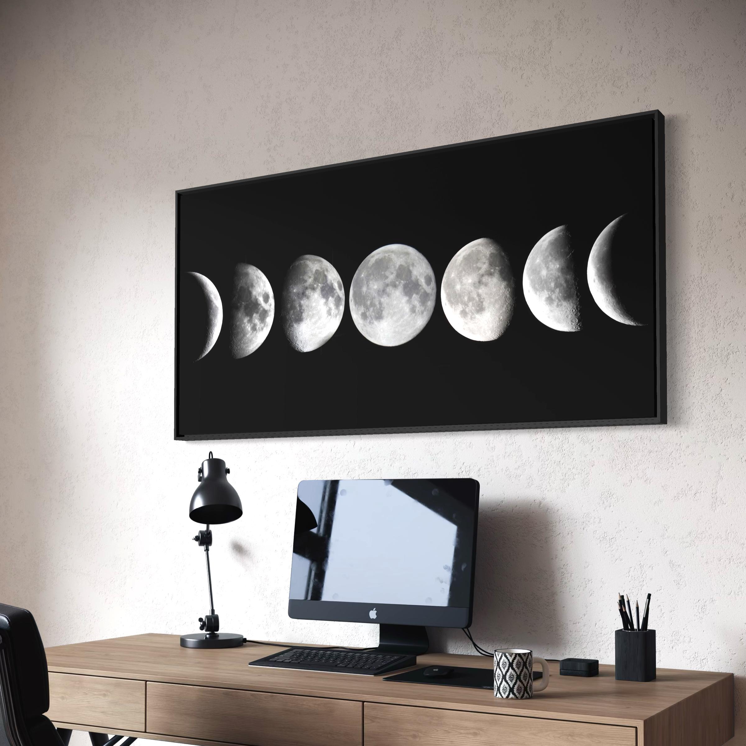 Lunar Phases Cycle | Black Minimalist Moon Astronomy Wall Art Canvas | Space Art Poster Print