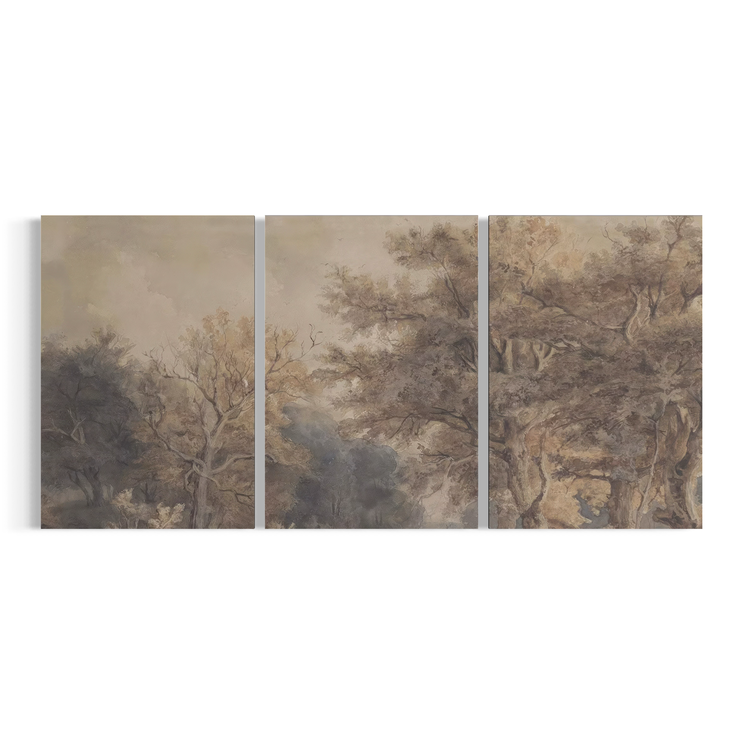 The image is a triptych of paintings depicting a serene landscape with trees and foliage.