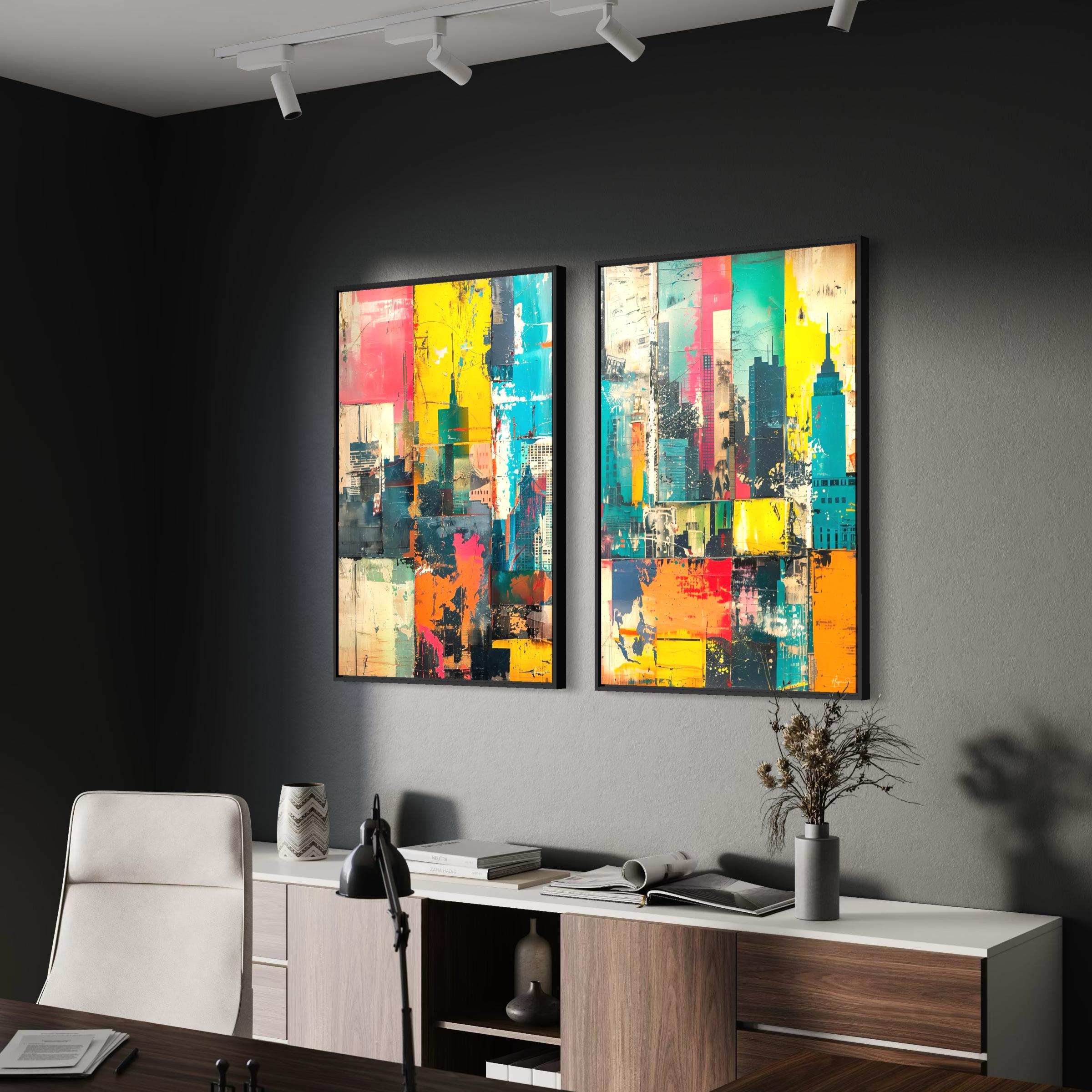 NYC Skyline Canvas Wall Art Set of 2 | Abstract City Urban Framed Poster Prints