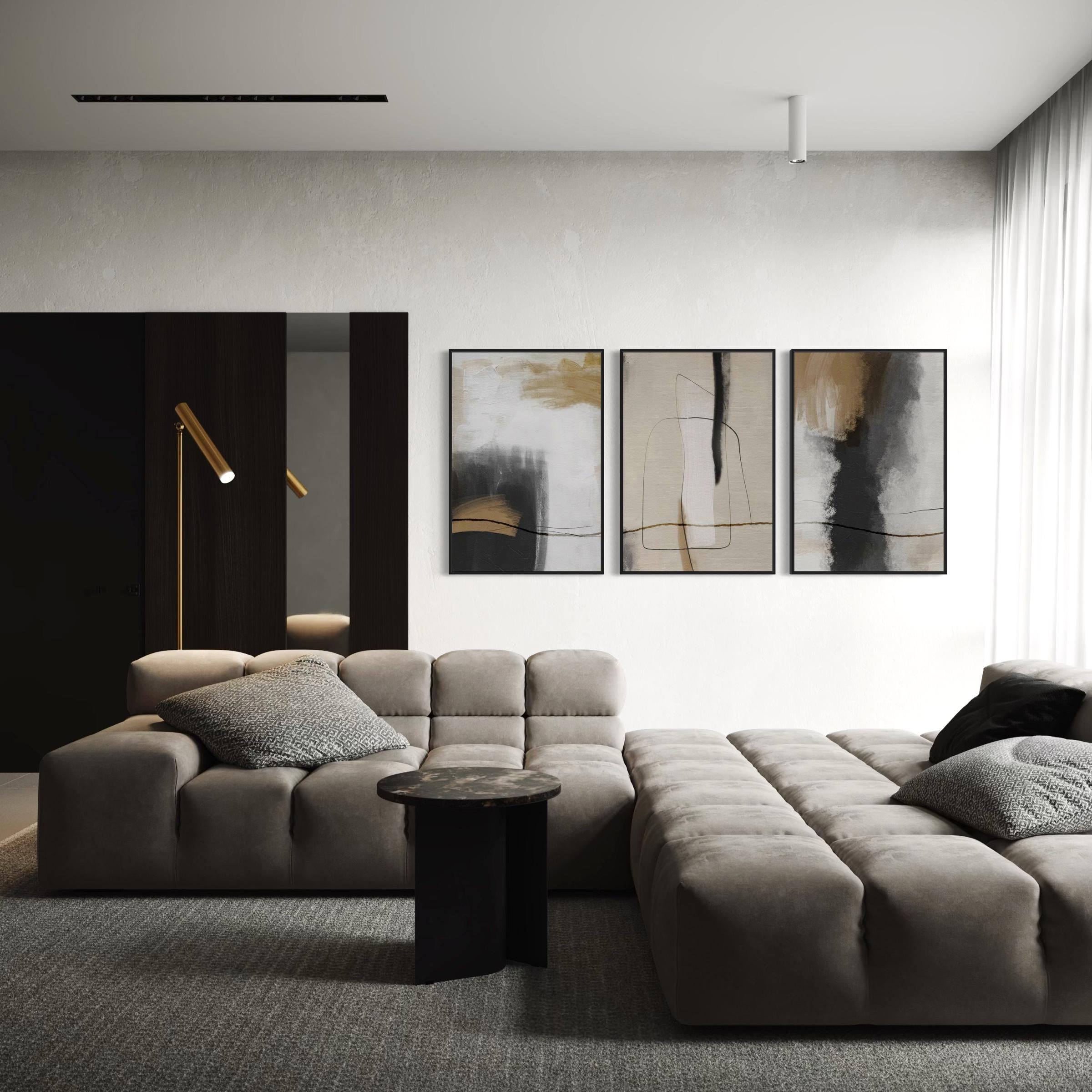 Set of 3 Abstract Canvas Wall Art | Grunge Poster Prints Stroke Effect Tan Gray Neutral Organic