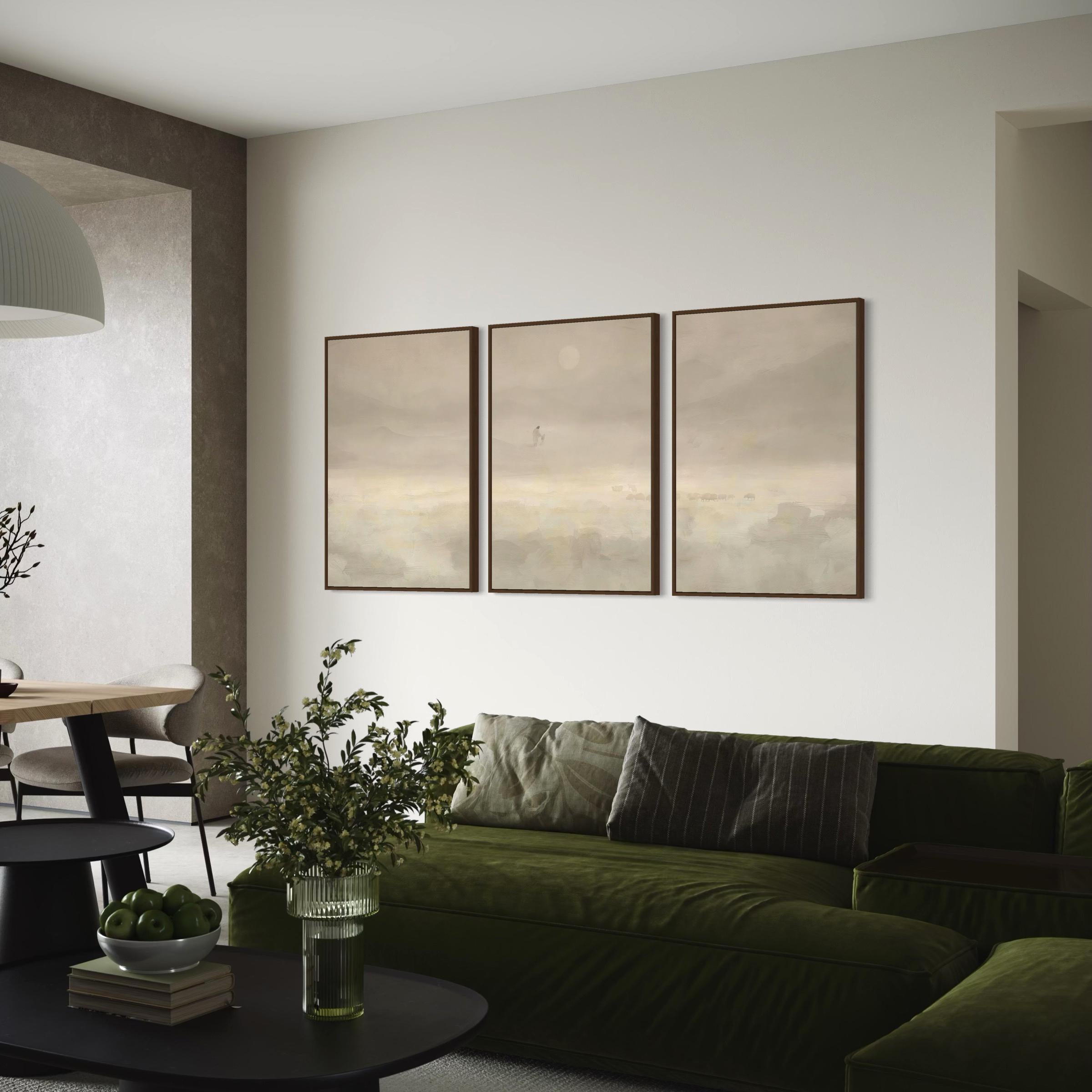 Jesus & Sheep Set of 3 Wall Art Canvas | Framed Poster Prints | Minimalist Christian Pastoral