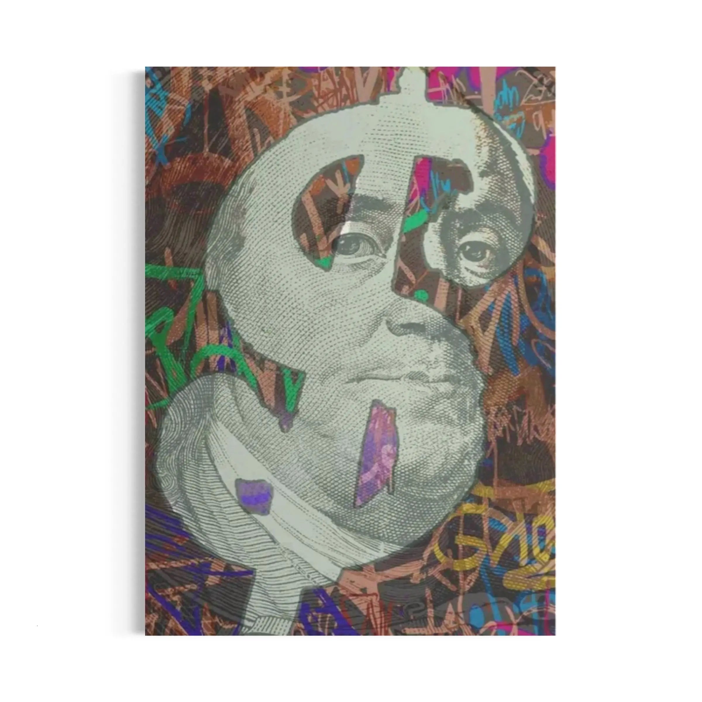 a painting of a man with a dollar bill on his face