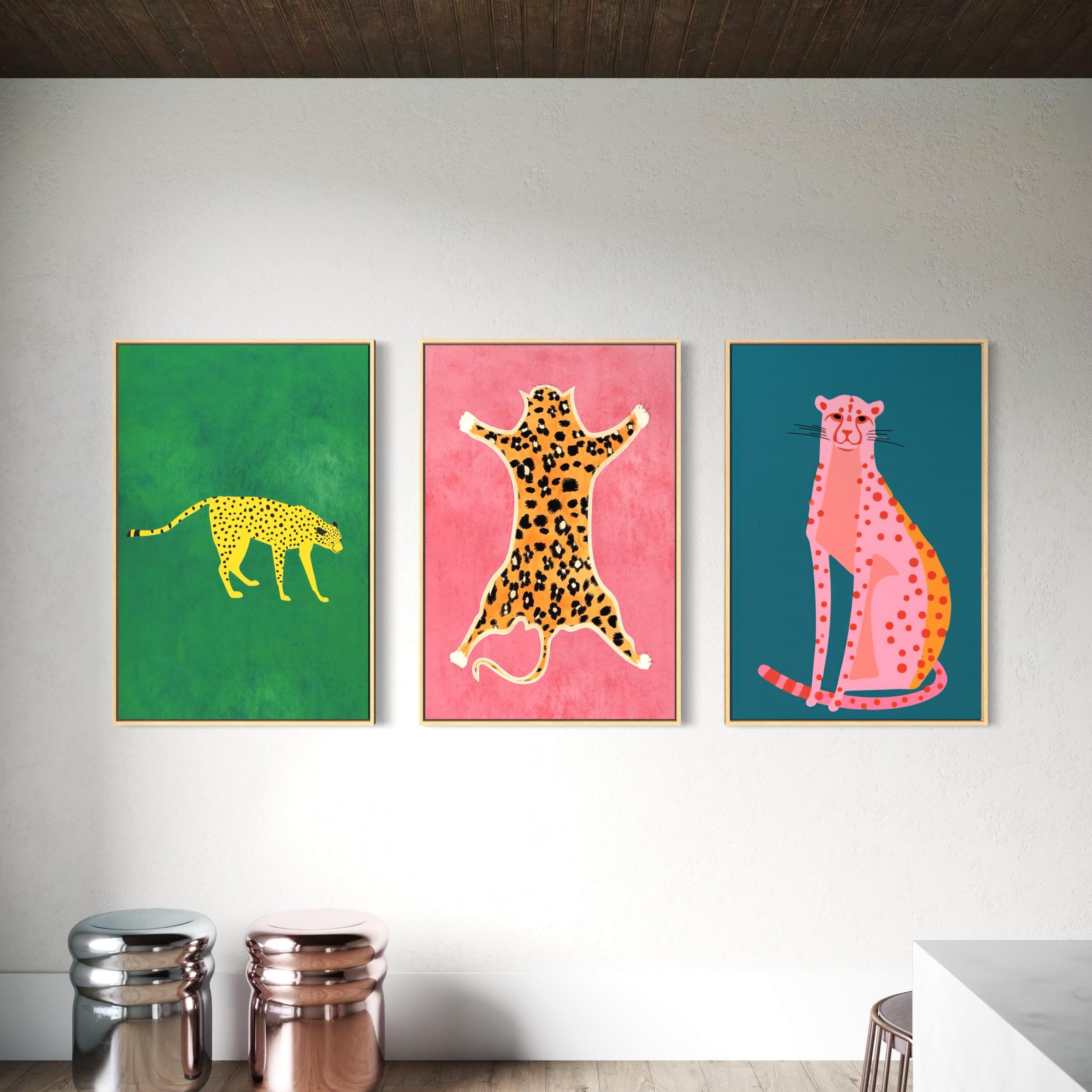 Set of 3 Prints Cheetah Cats Animal | Modern Boho Preppy Poster | Canvas Wall Art