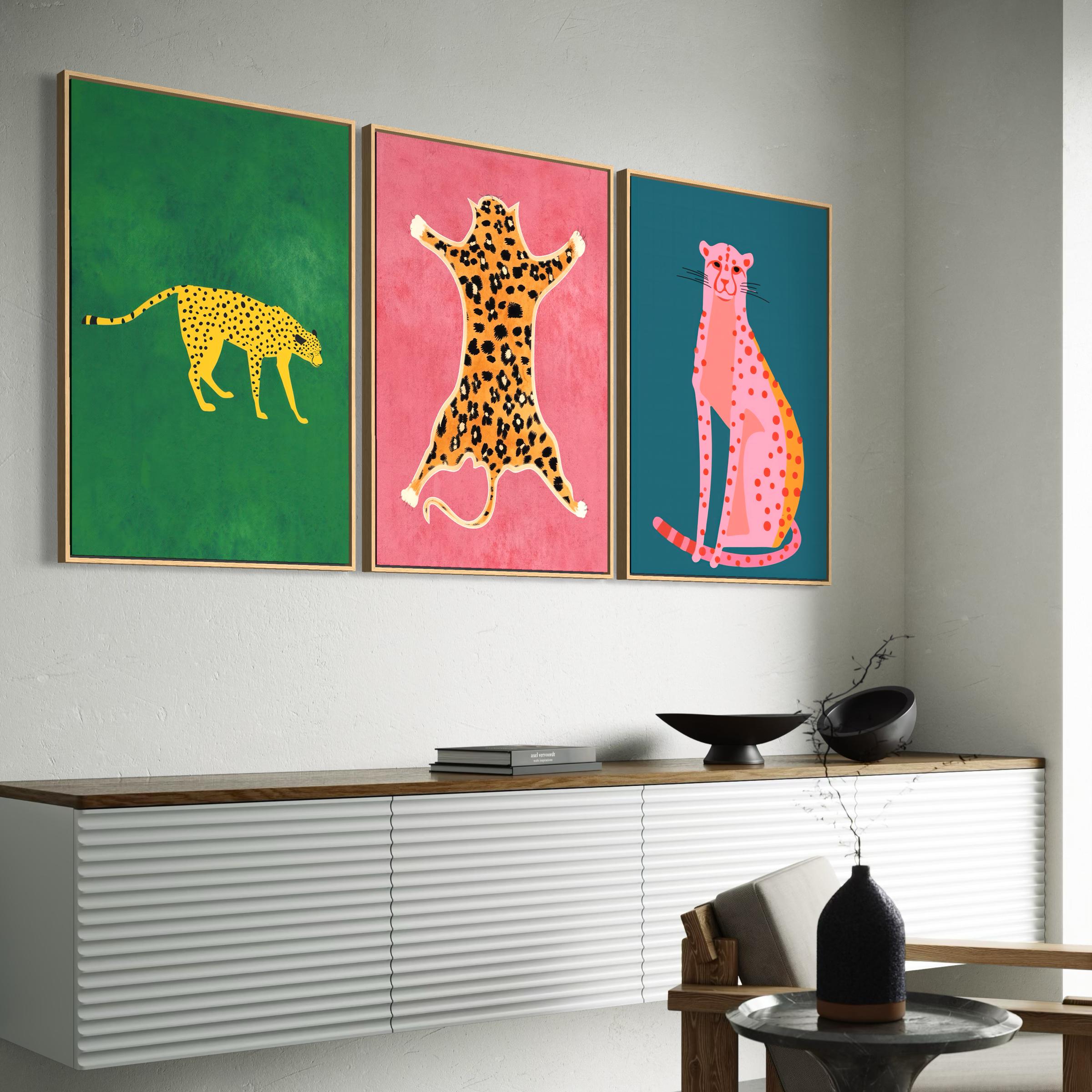 Set of 3 Prints Cheetah Cats Animal | Modern Boho Preppy Poster | Canvas Wall Art