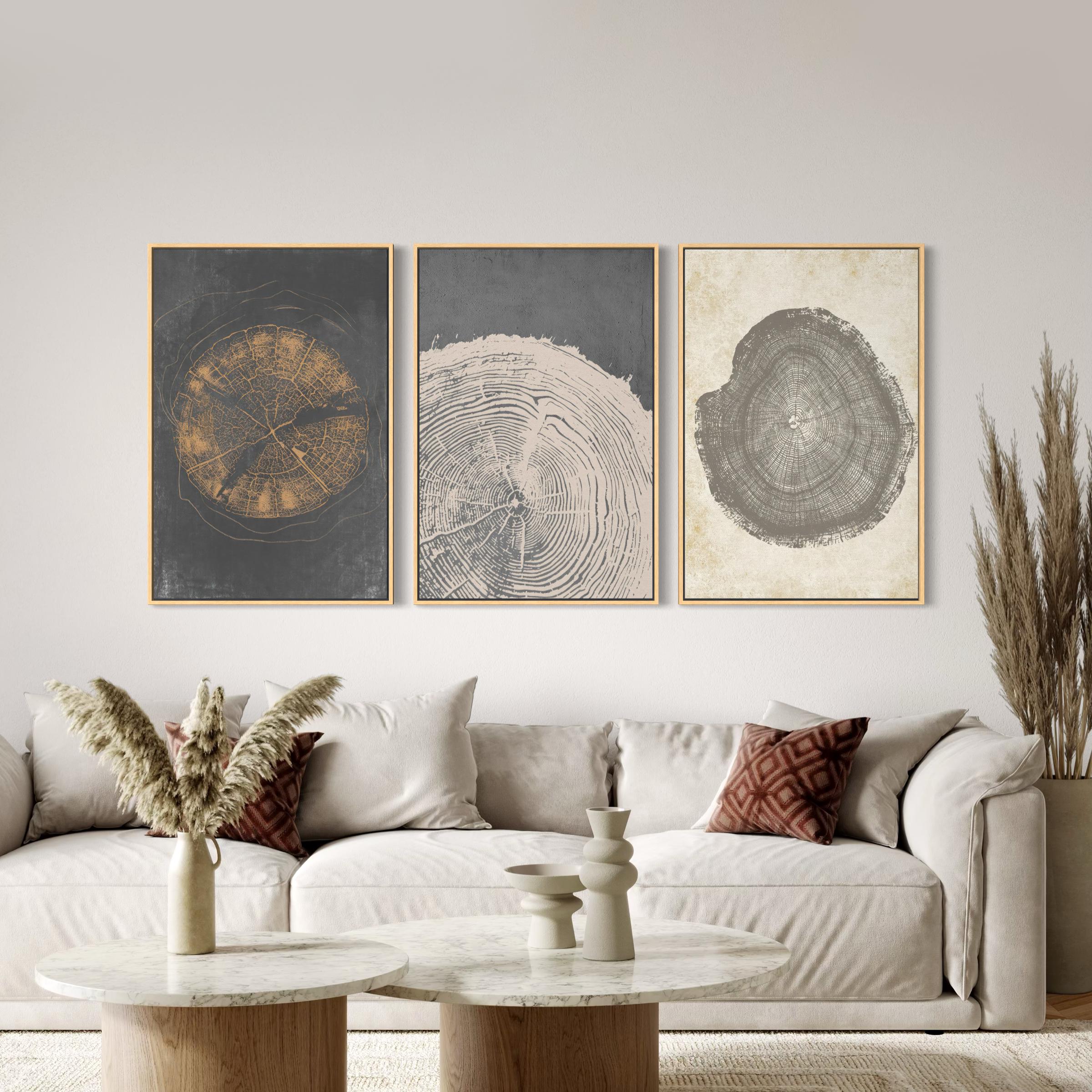 Set of 3 Canvas | Poster Prints Pastel Grunge Wood Tree Rings | Minimalist Modern Boho Art