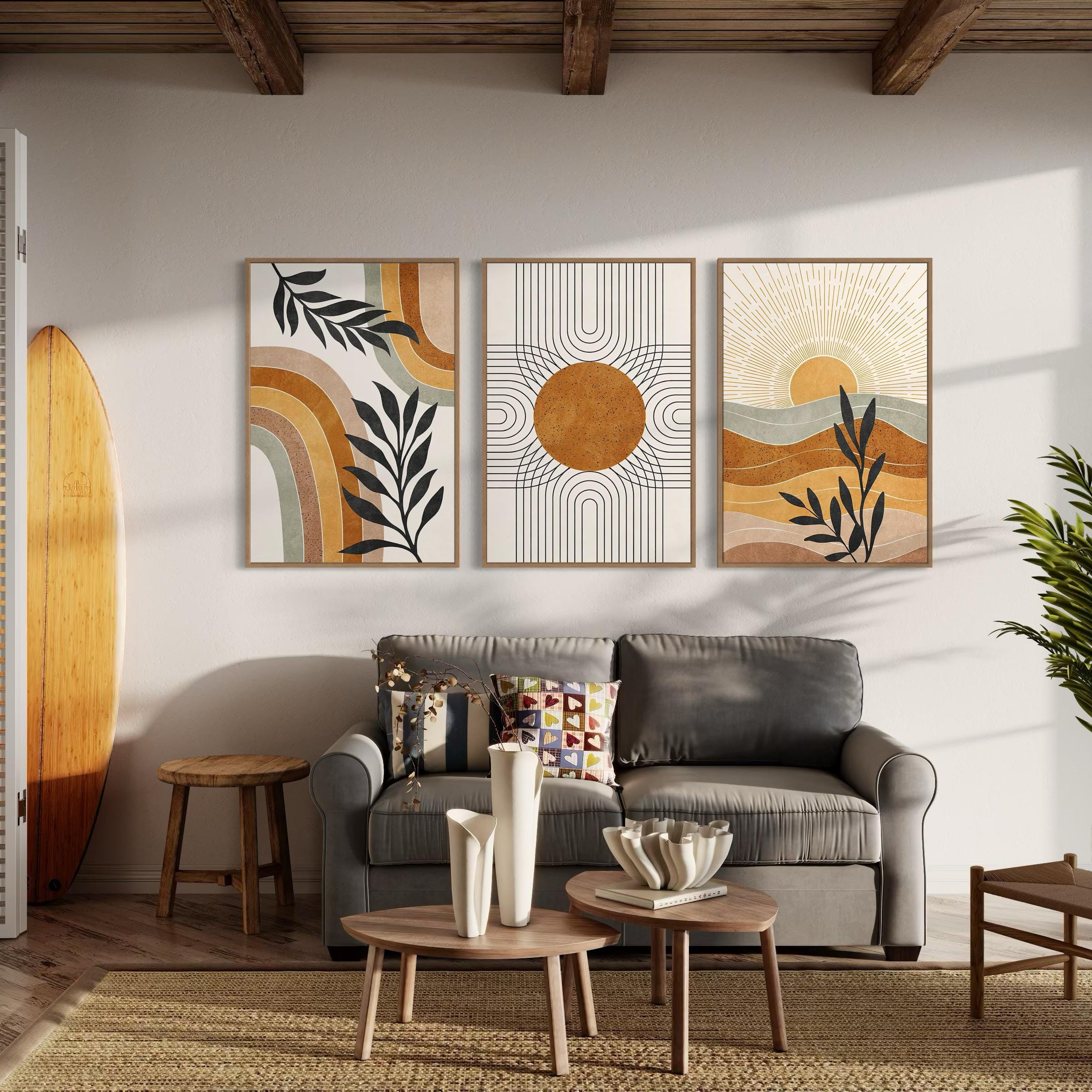 Poster Wall Art Set of 3 Prints | Geometric Sun Desert Plants Canvas | Mid Century Modern Boho