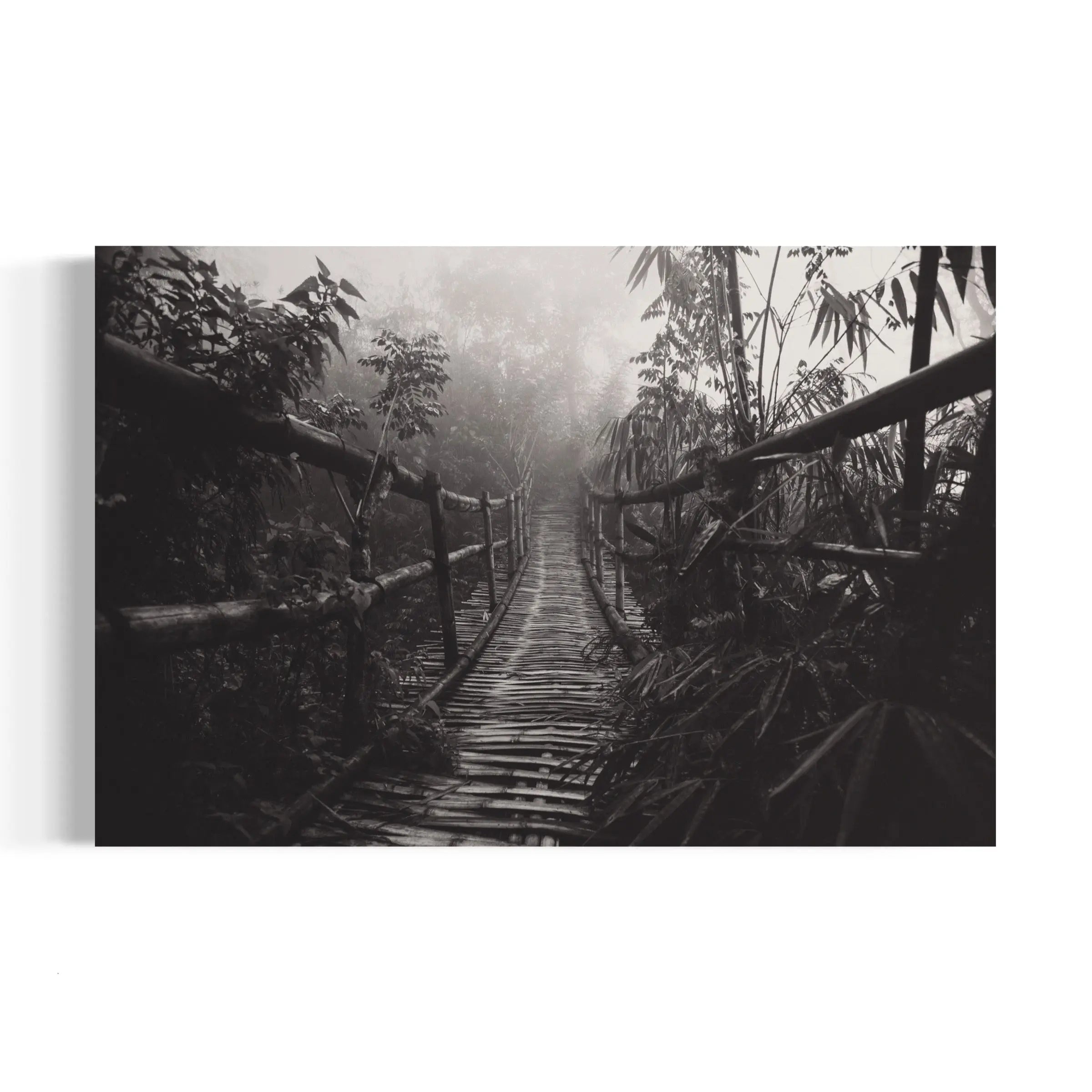 a black and white photo of a wooden bridge