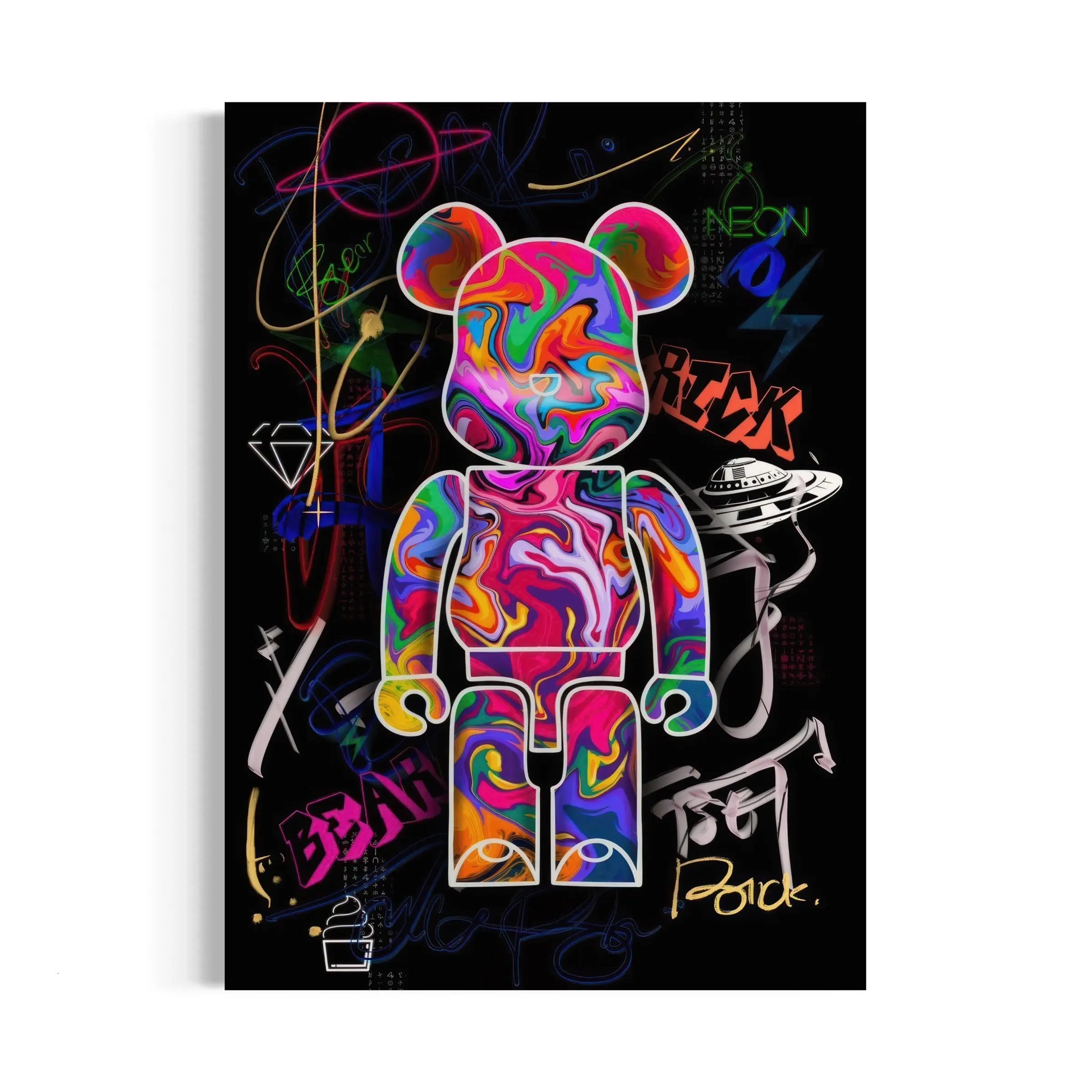 a poster of a colorful bear on a black background