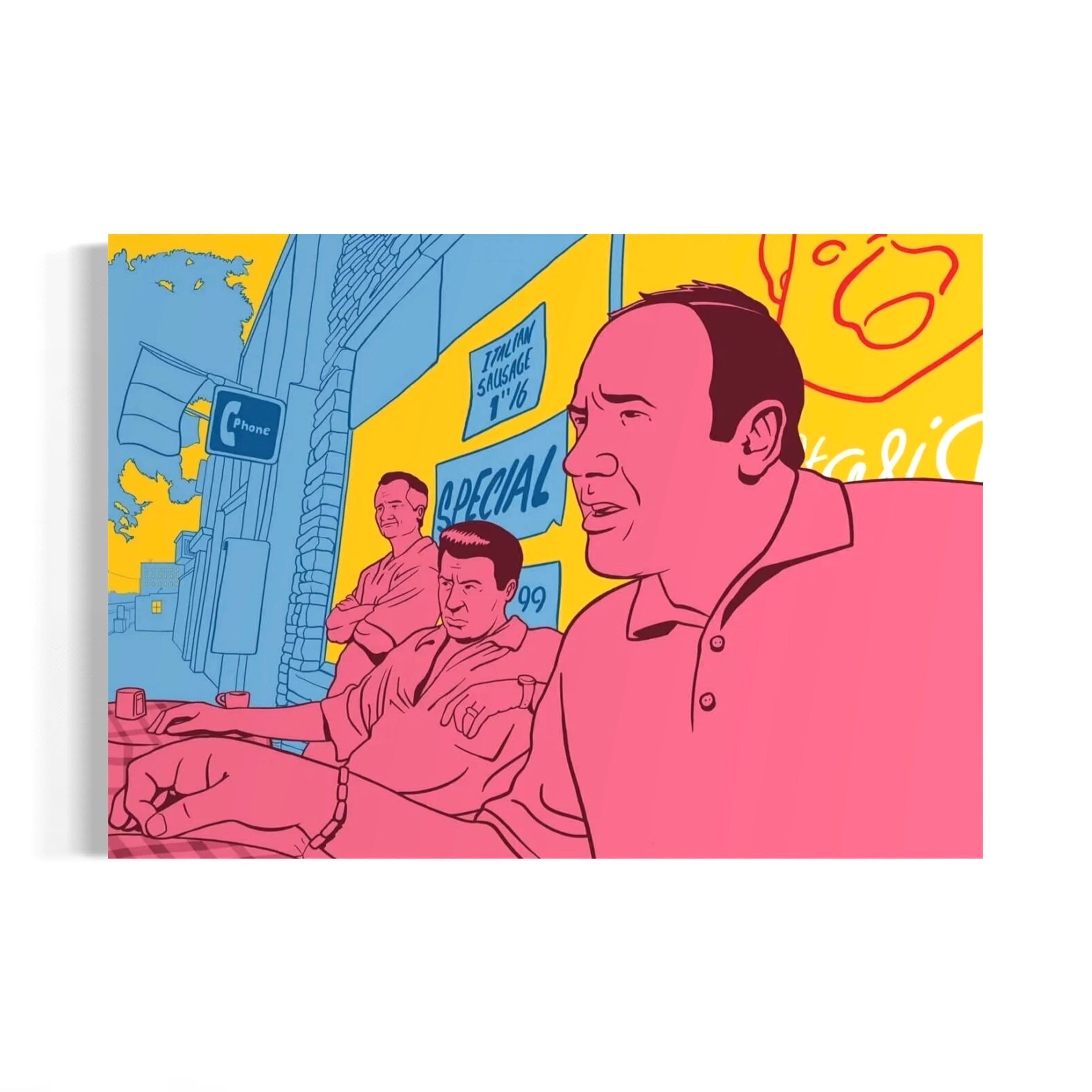 The image is a colorful illustration featuring a man in a pink shirt, surrounded by other people in various poses and settings.